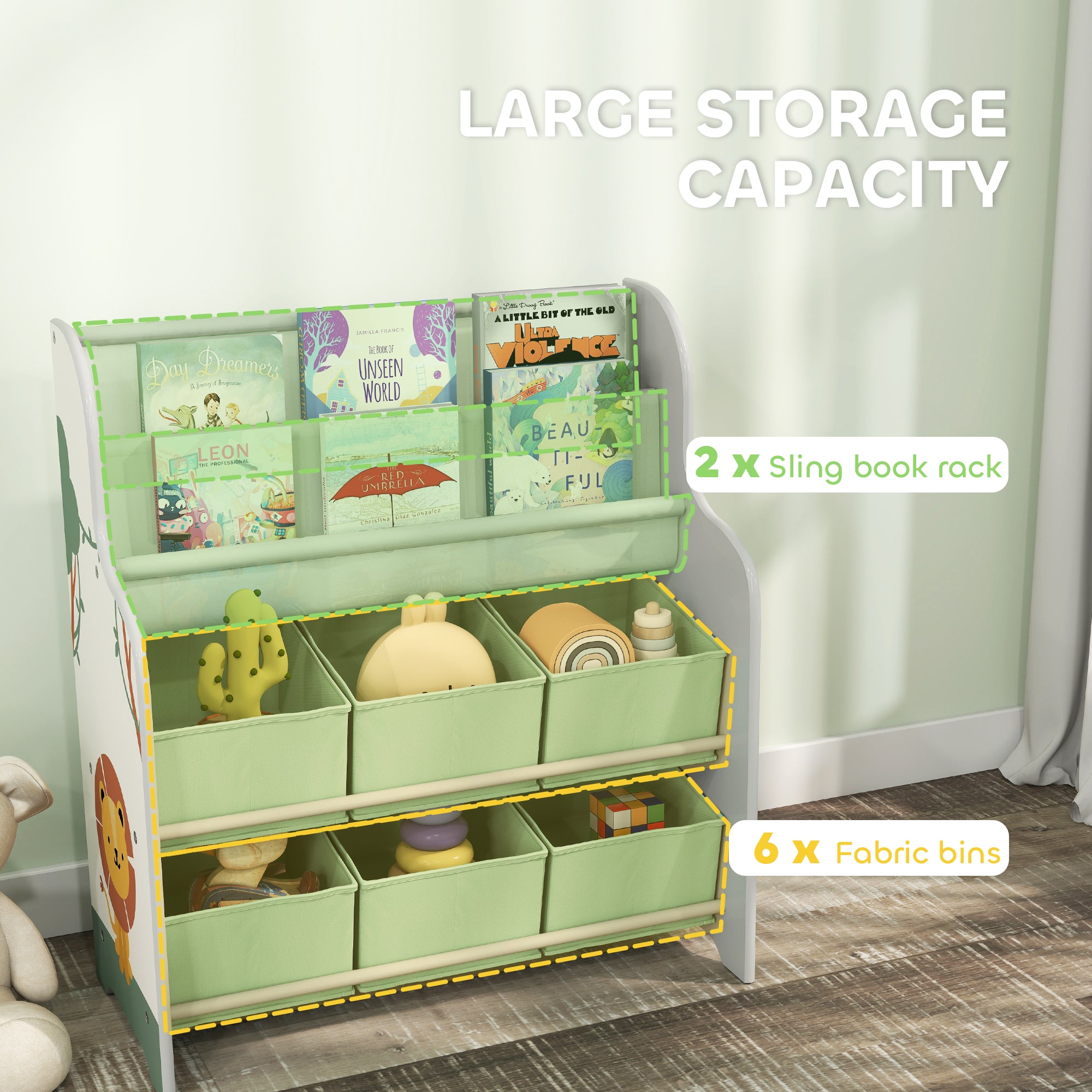 Kids Storage Unit, Toy Organiser with 6 Fabric Drawers and 2-Tier Sling Book Rack for Bedroom, Playroom, Nursery, Green