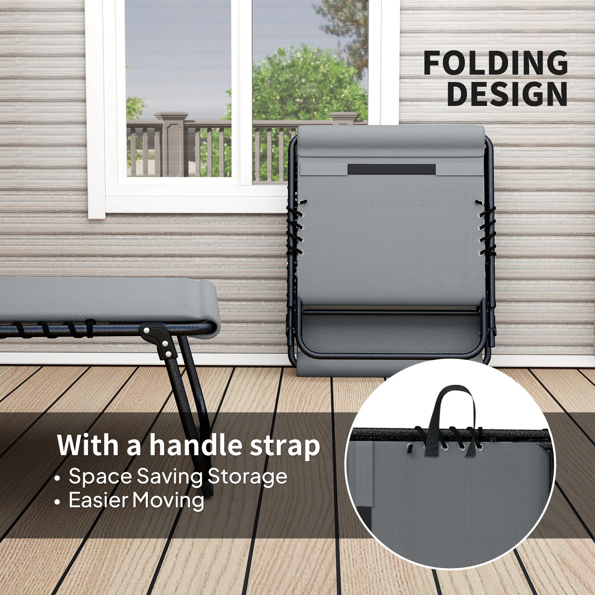 Set of 2 Folding Recliner Sun Loungers with Quick-Dry Pad & Side Pocket - Charcoal Grey