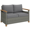 2 Seater Rattan Garden Sofa, Outdoor Sofa with Thickened Cushions and Acacia Wood Armrests, Dark Grey