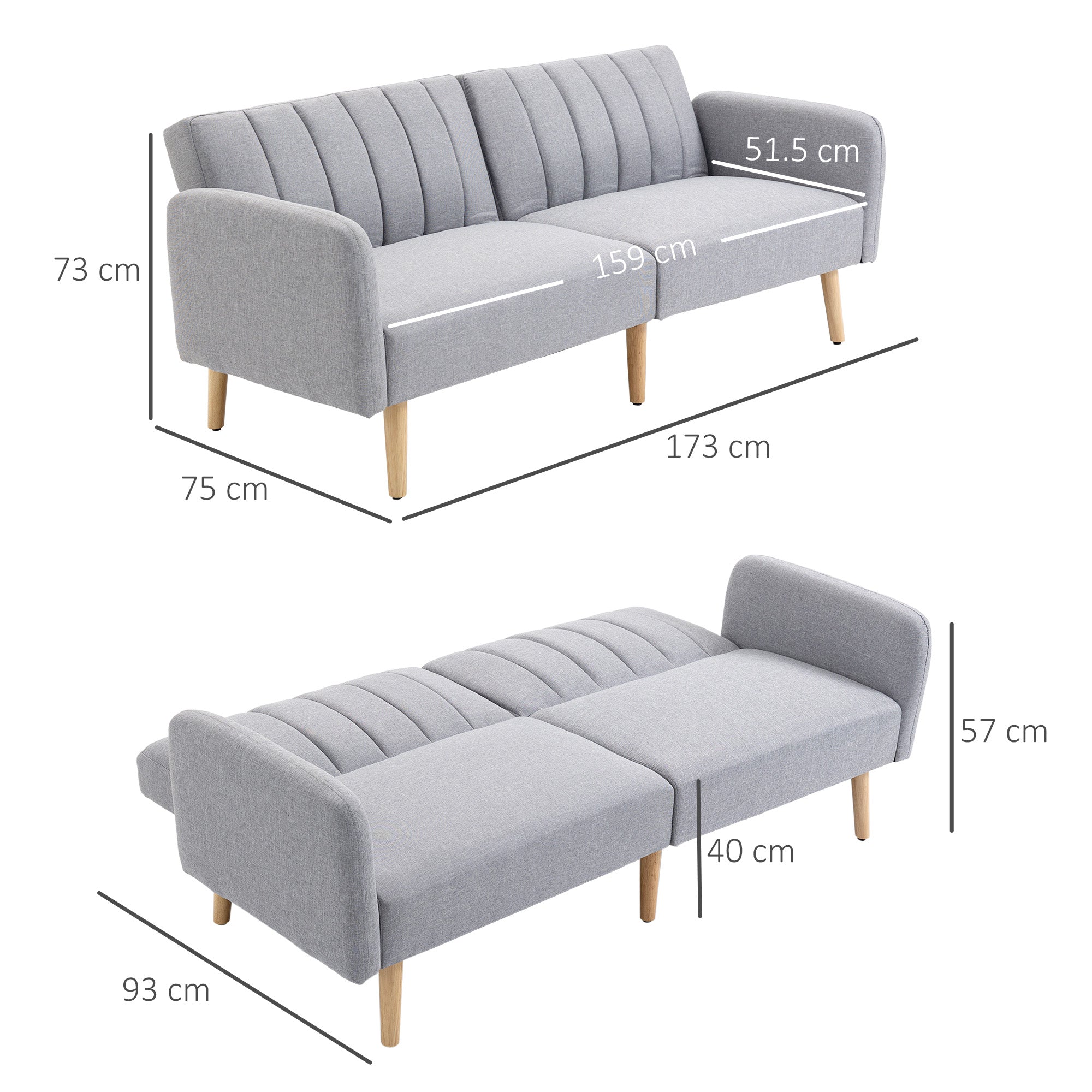 Three-Seater Sofa Bed, with Split Back - Light Grey
