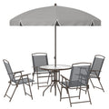 6 Piece Garden Dining Set with Umbrella, Patio Sets with Parasol, 4 Folding Dining Chairs, Dark Grey