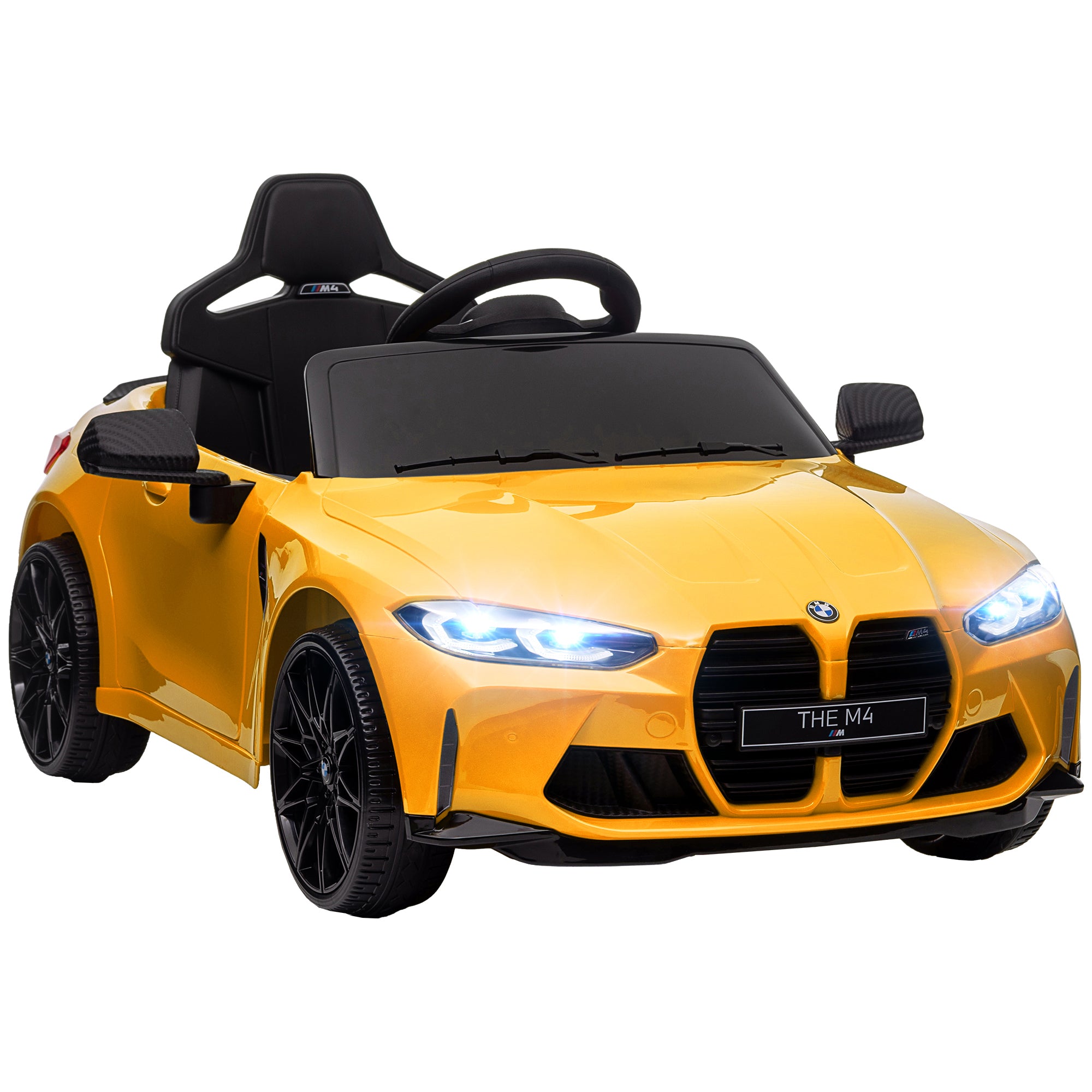 12V BMW M4 Licensed Kids Car with Easy Transport, Remote Control, Suspension, Music, Horn, LED Lights, Yellow