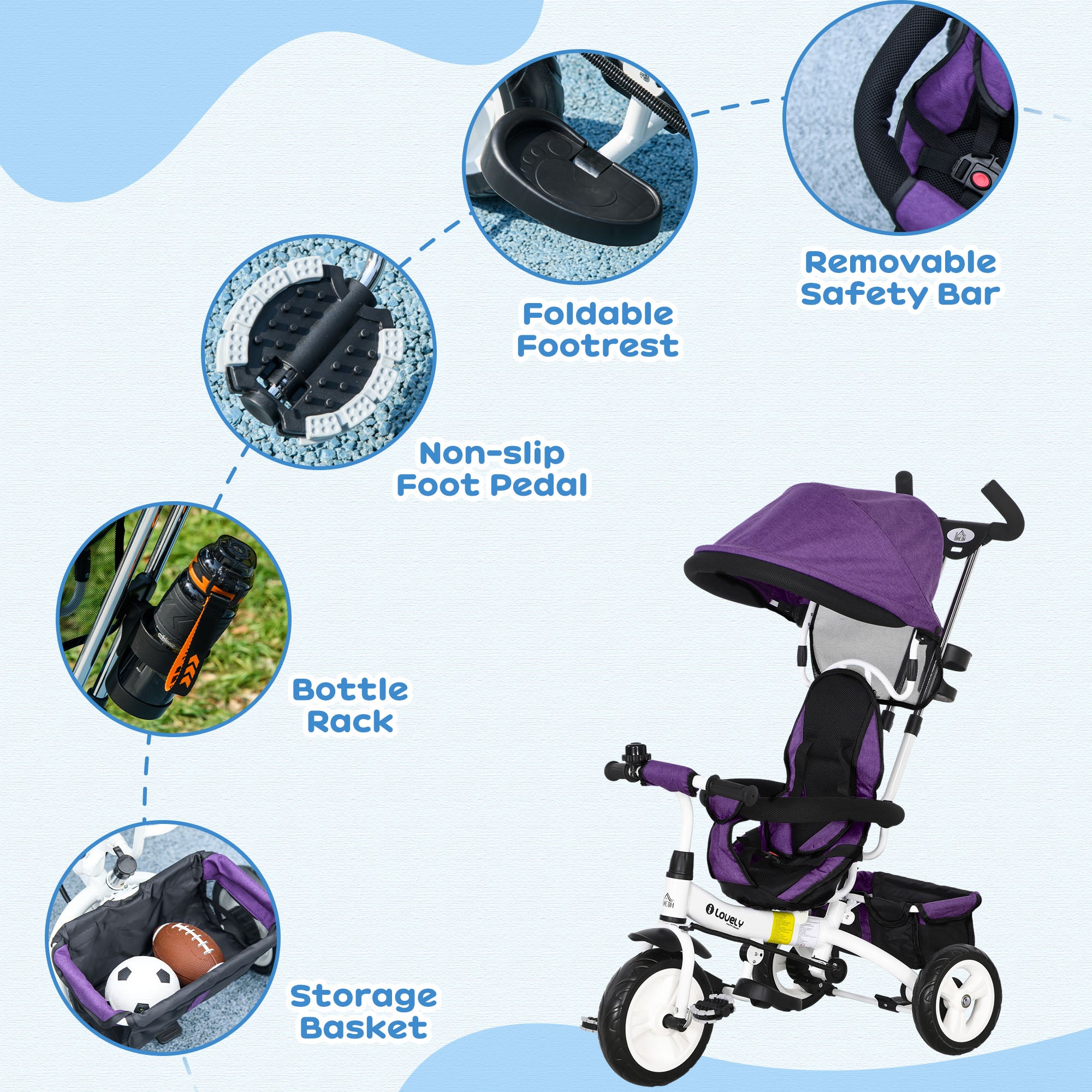 6 in 1 Kids Trike Push Bike w/ Push Handle, Canopy, 5-point Safety Belt, Storage, Footrest, Brake, for 1-5 Years, Purple