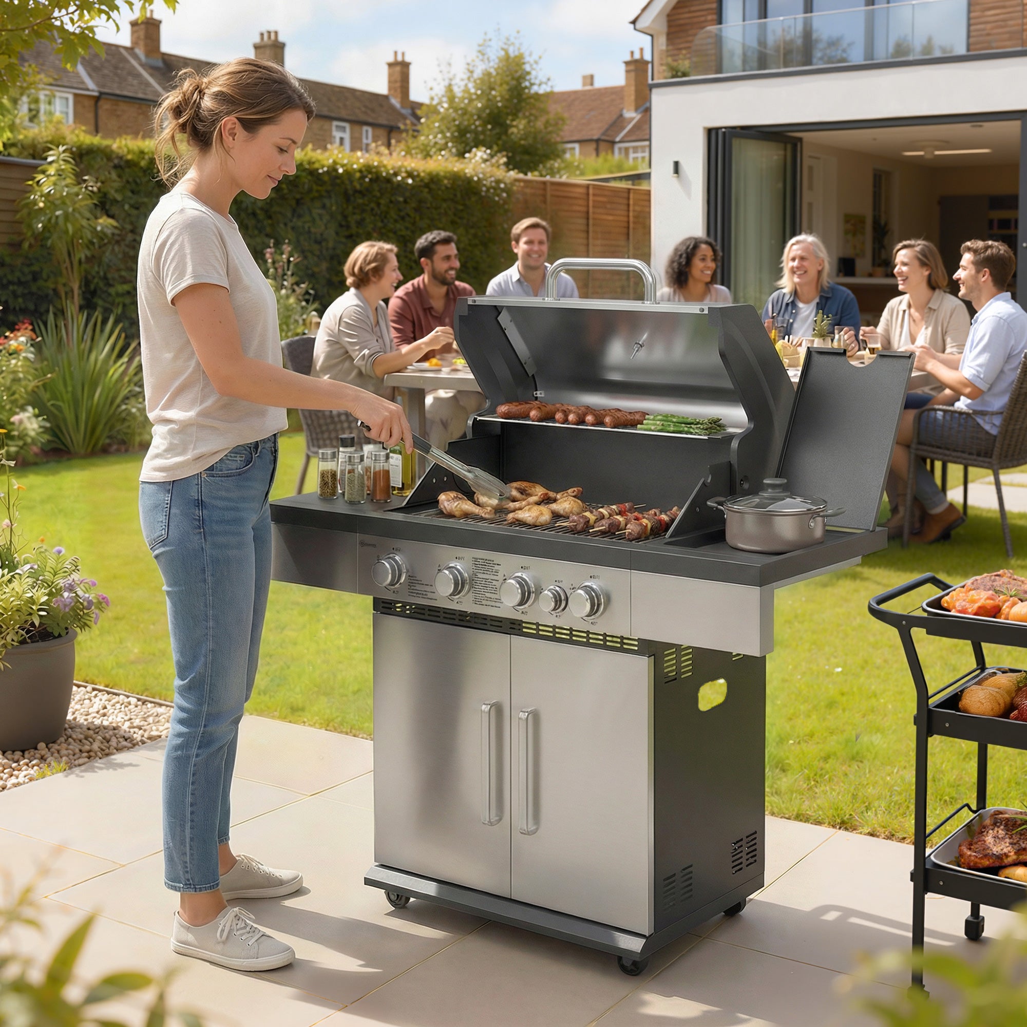 4+1 Burner Gas BBQ Grill, Portable Gas Barbecue Grill with Side Burner, Warming Rack, Side Shelf, Storage Cabinet