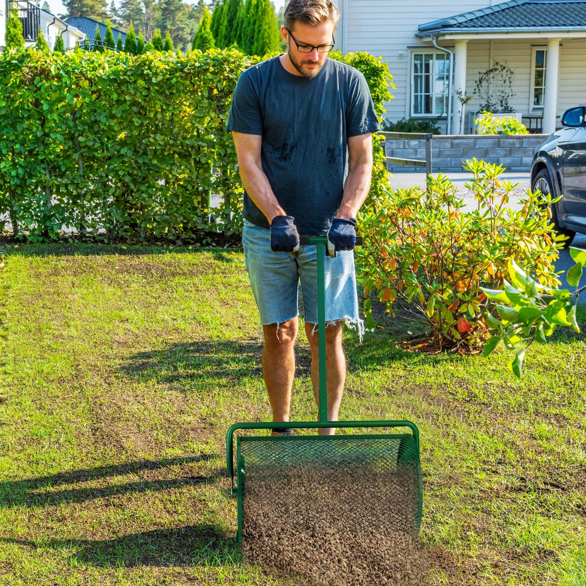 Compost Spreader, 24" Peat Moss Spreader with Height Adjustable T Shaped Handle and Metal Mesh Basket, Garden Spreader for Seeding, Spreading Manure, Green