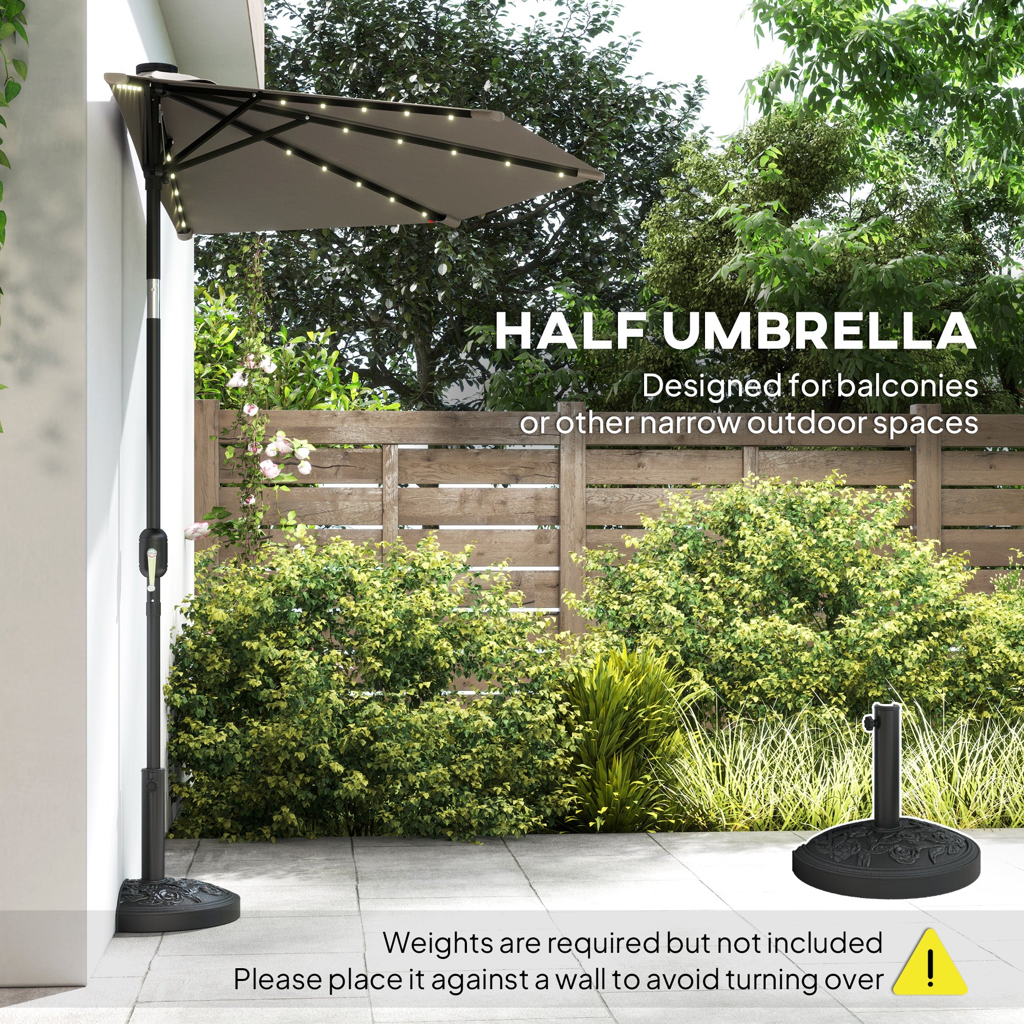2.6 m Half Garden Parasol with Solar LED Lights, UPF50+ Semi Round Umb