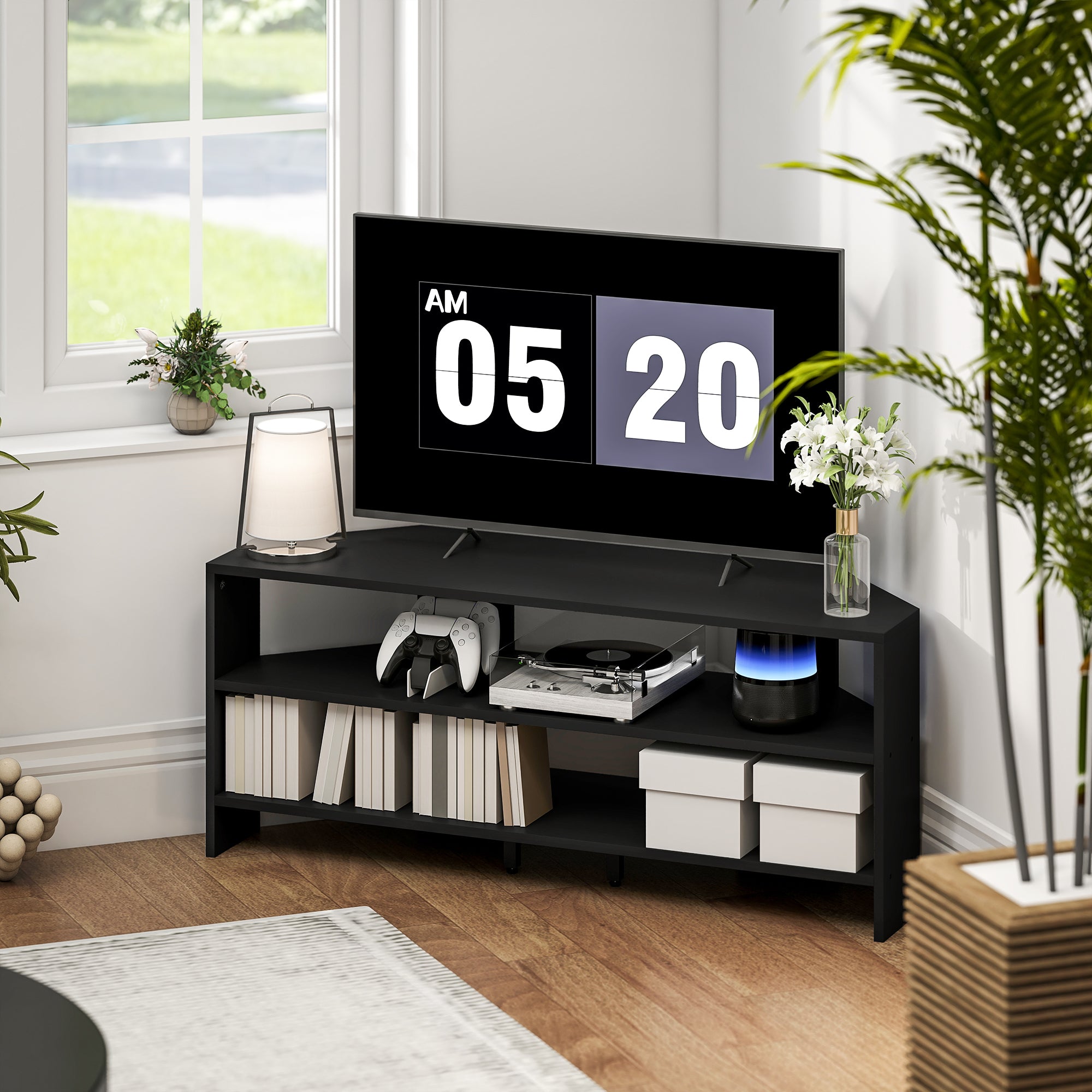 Corner TV Stand with 2 Open Shelves for 47 Inch TV - Black