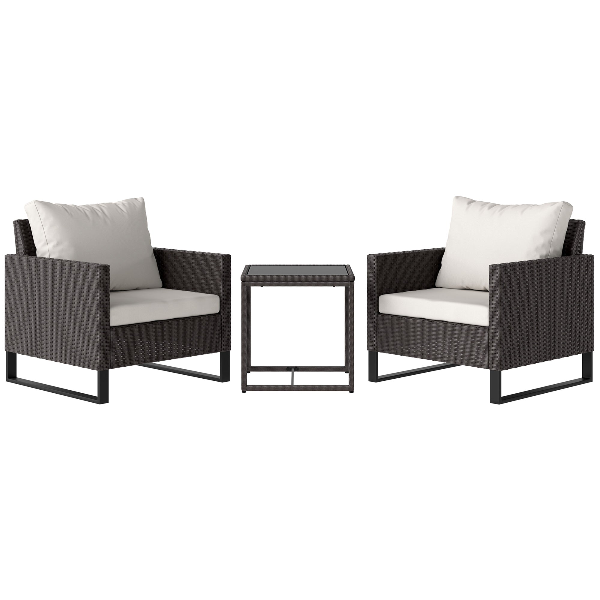 3 Piece Rattan Bistro Set with Cushions and Glass Table - Brown