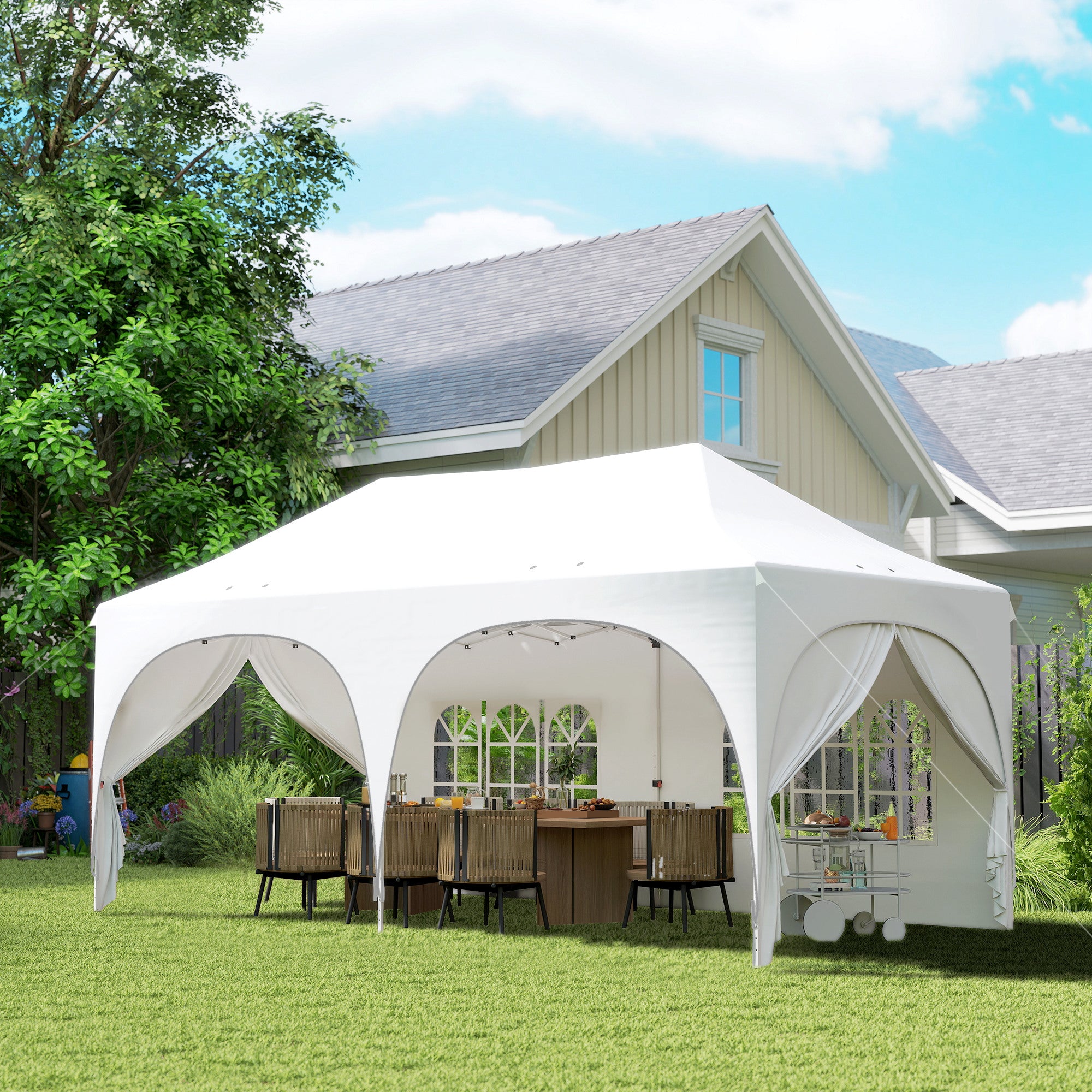 3 x 6m Pop Up Gazebo Shelter with Sides, 6 Sandbags, Peak Top Garden Party Tent Marquee with Carry Bag, Light Grey/White