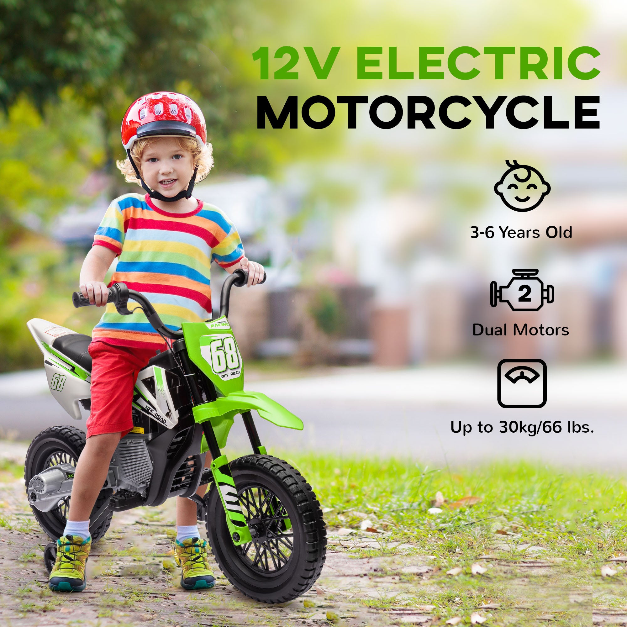 12V Kids Electric Motorbike, Kids Electric Ride on Motorcycle w/ Twist Grip Throttle, Training Wheels - Green