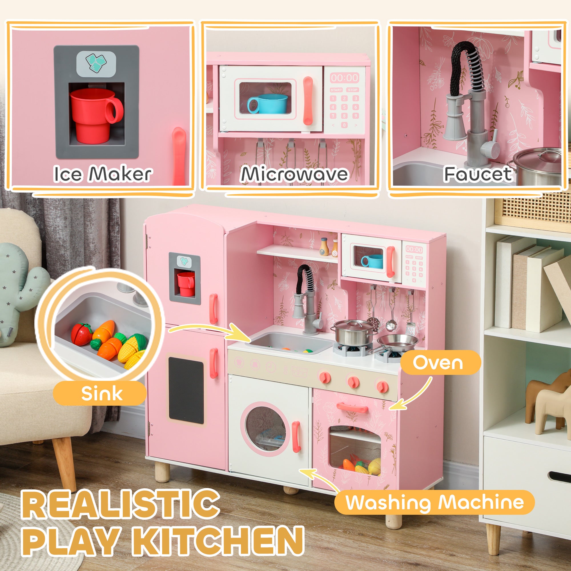 Play Kitchen, Kids Kitchen Set with Lights and Sounds, Double Stoves, Ice Maker, Chalkboard for 3+ Years - Pink