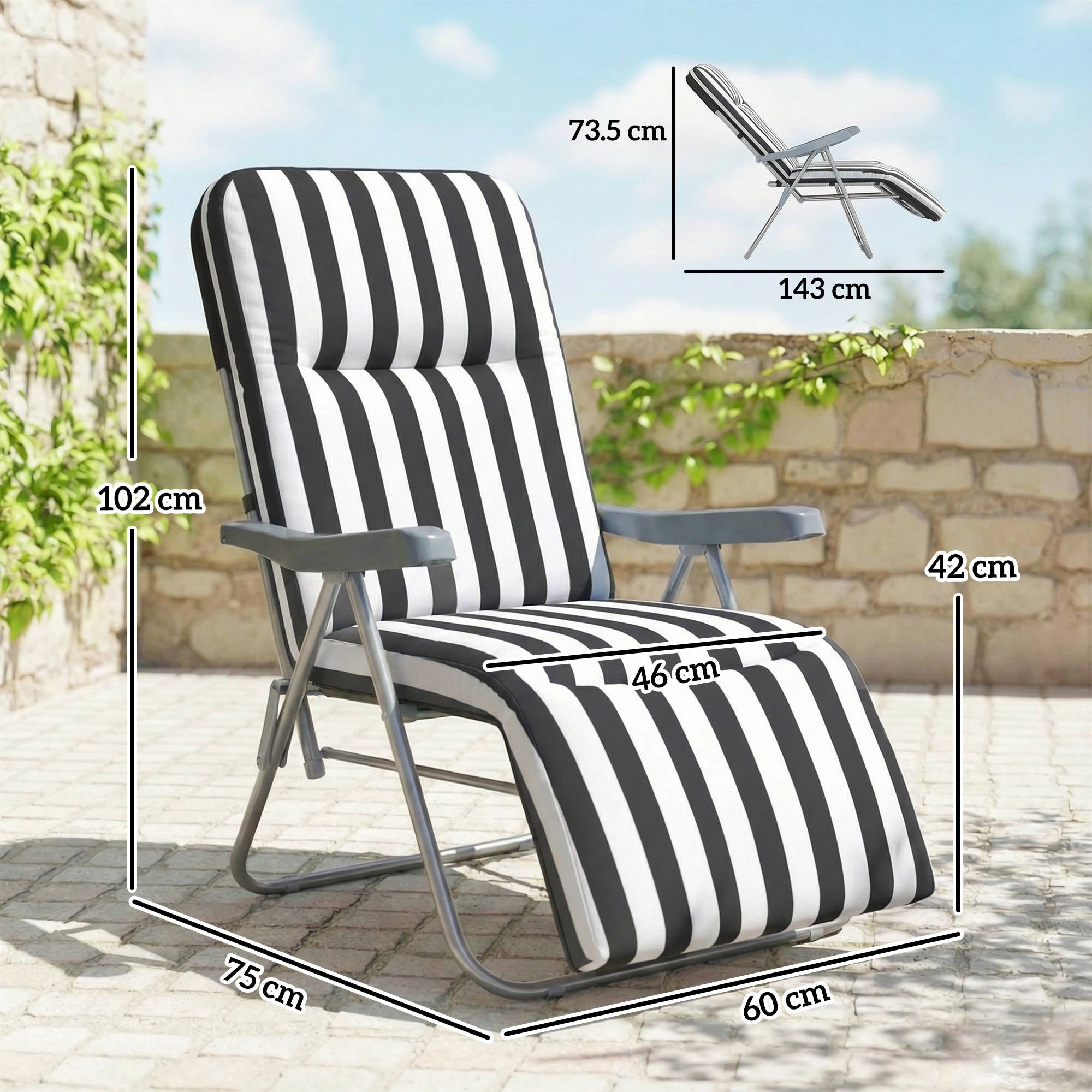 Set of 2 Foldable Patio Sun Lounger with Adjustable Backrest and Cushion, Grey and White