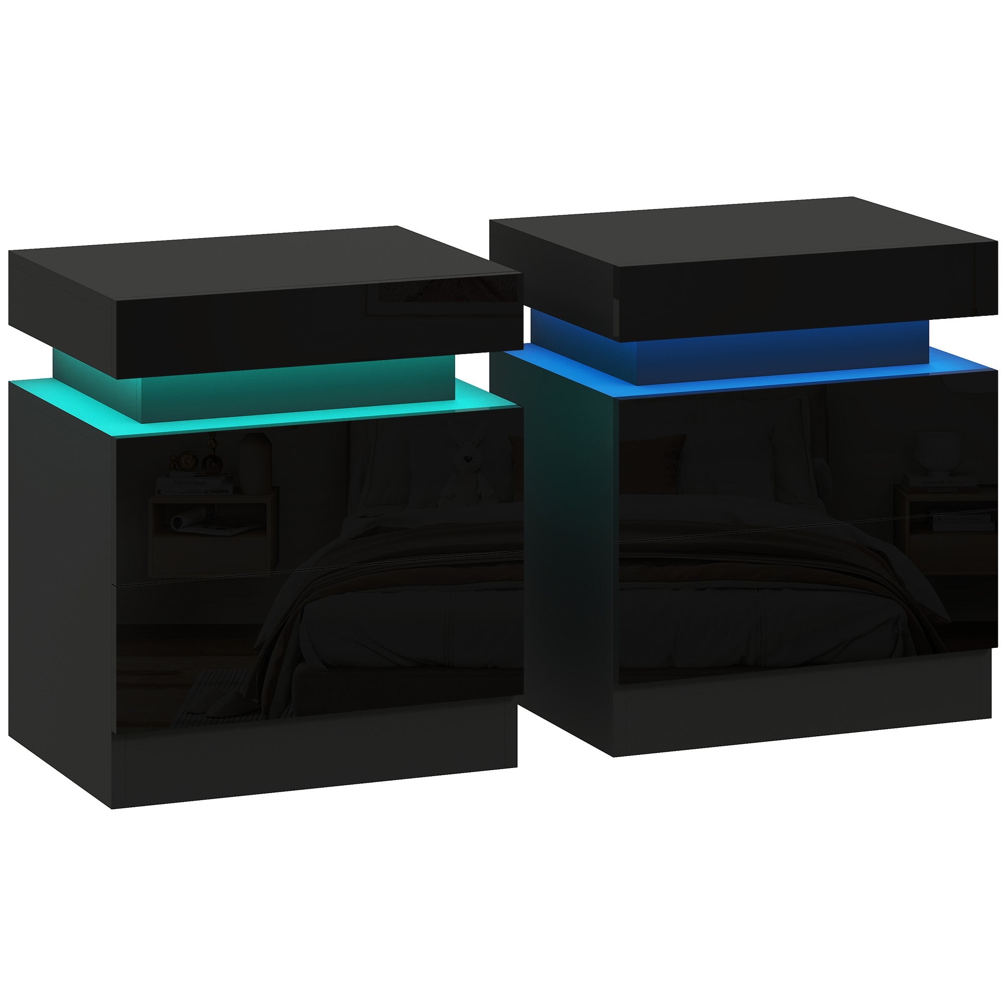 High Gloss Front Bedside Tables Set of 2, Nightstands with RGB LED Light and 2 Drawers, Chest of Drawers for Bedroom, Living Room, Black