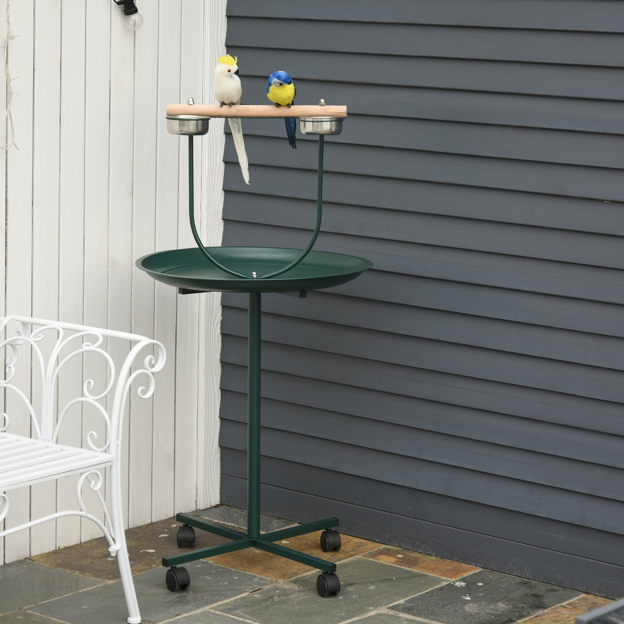 Bird Perch Stand with Perch, Four Wheels, Feeding Bowls for Small & Medium Birds, Green