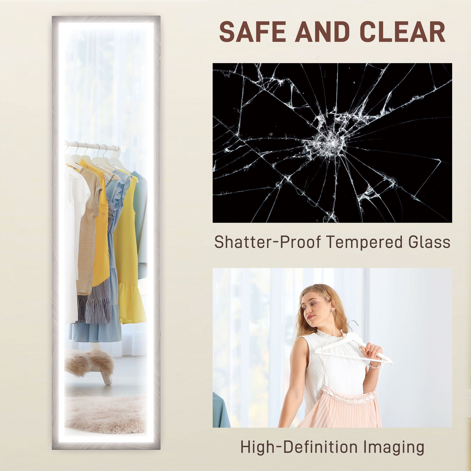 Full Length Mirror with Adjustable LED Outer Light - Grey