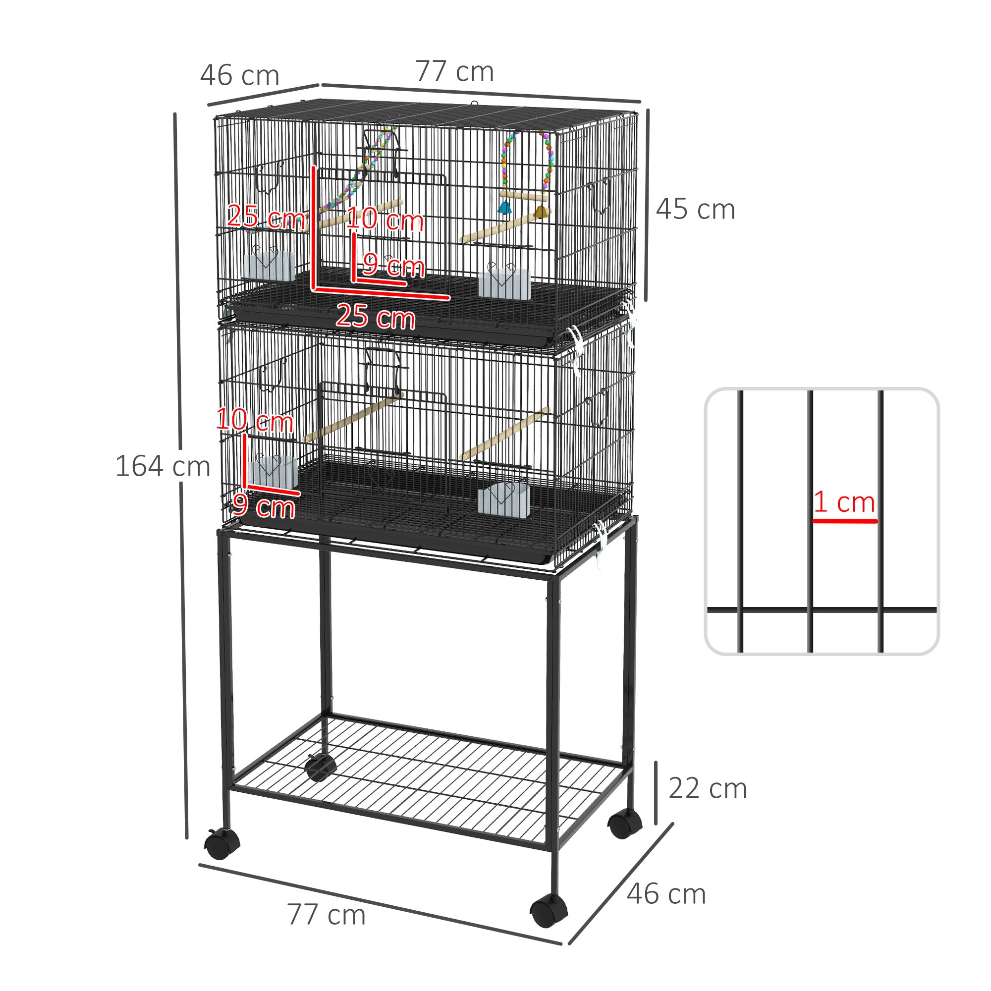 Two-Tier Bird Cage on Wheels, with Stand, for Small Birds