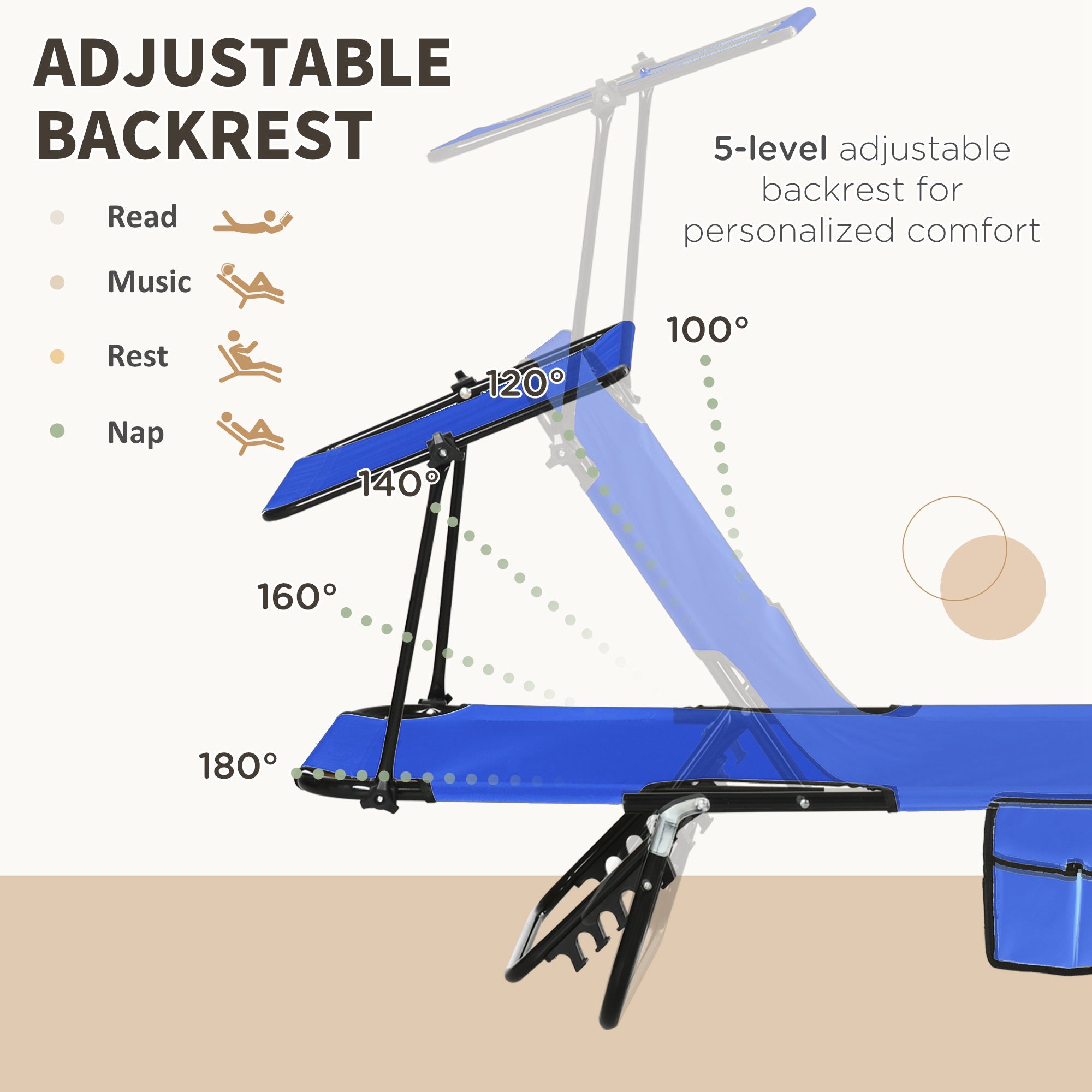 Set of Two Folding Sun Loungers, with Adjustable Backs and Sun Canopies - Blue