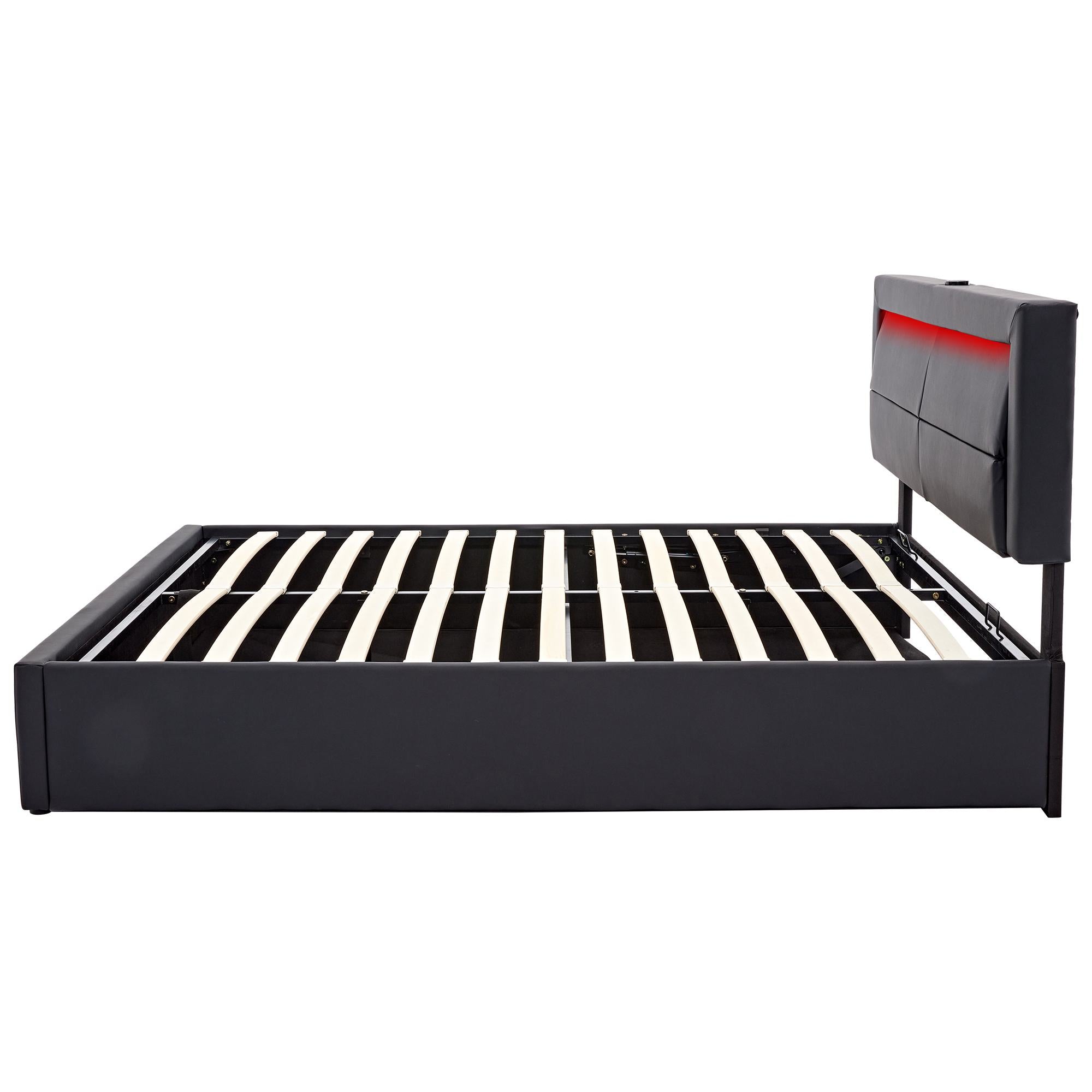 King Size LED Upholstered Bed with USB Charging and Storage - Black