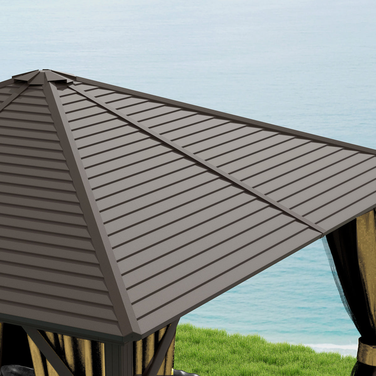 3 Piece Metal Hardtop Gazebo with Curtains and Accessories - Brown
