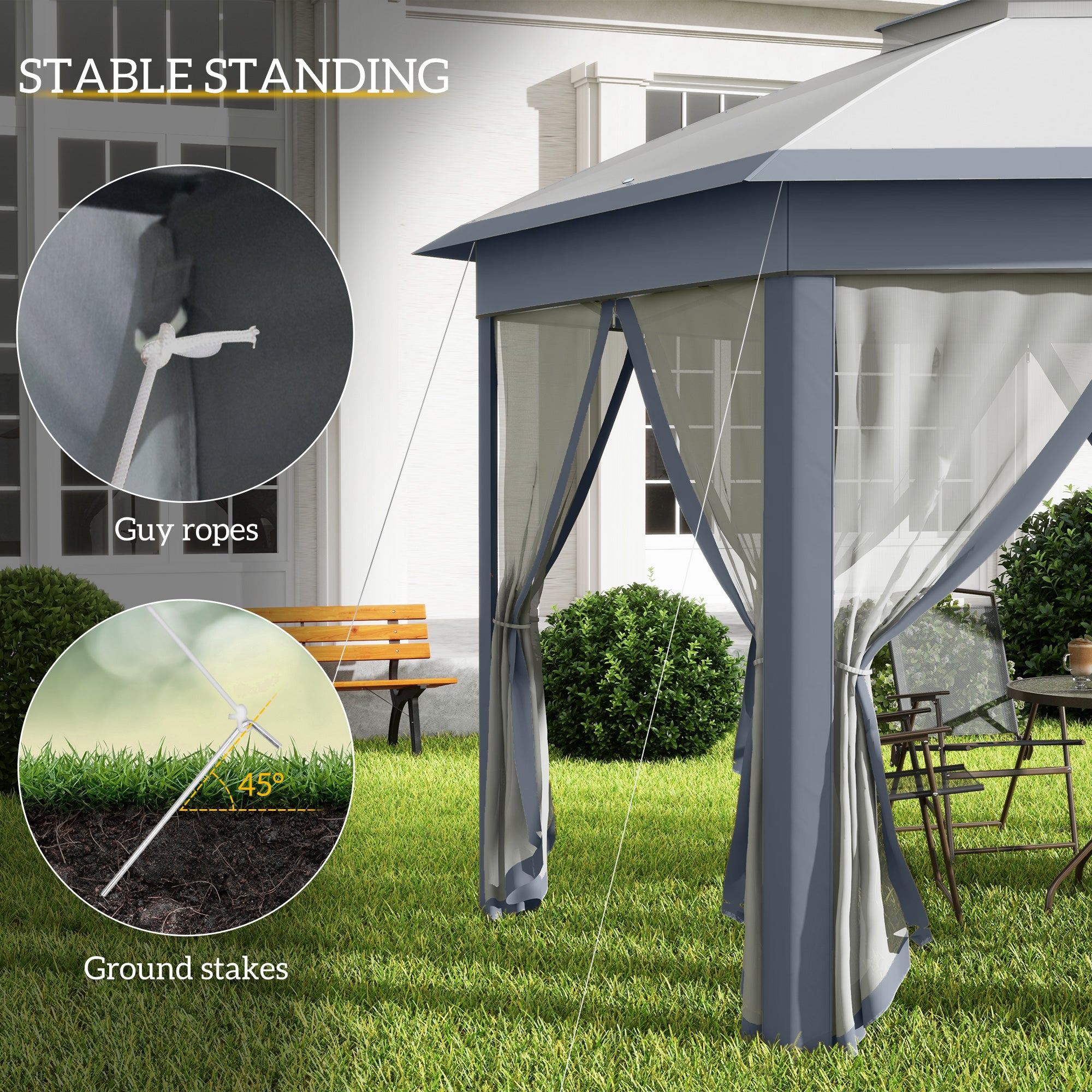 3 x 4m Metal Frame Hexagon Gazebo, with Curtains - Grey