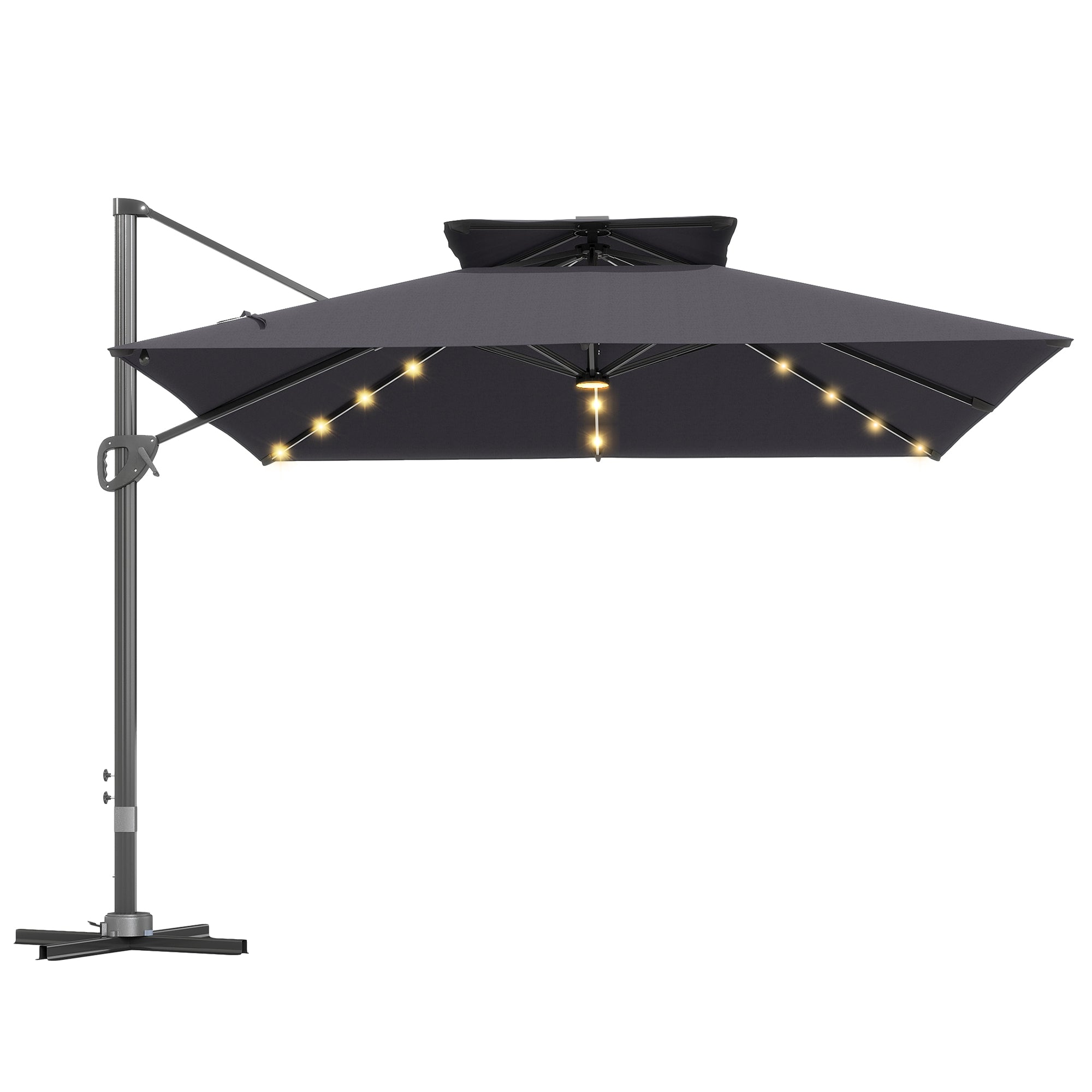 3.5x3 m Garden Cantilever Parasol with Solar LED Lights and Centre Light, Aluminium Large Square Patio Umbrella, UPF50+ Hanging Sun Shade with Cross Base, Crank Handle and Tilt, Grey