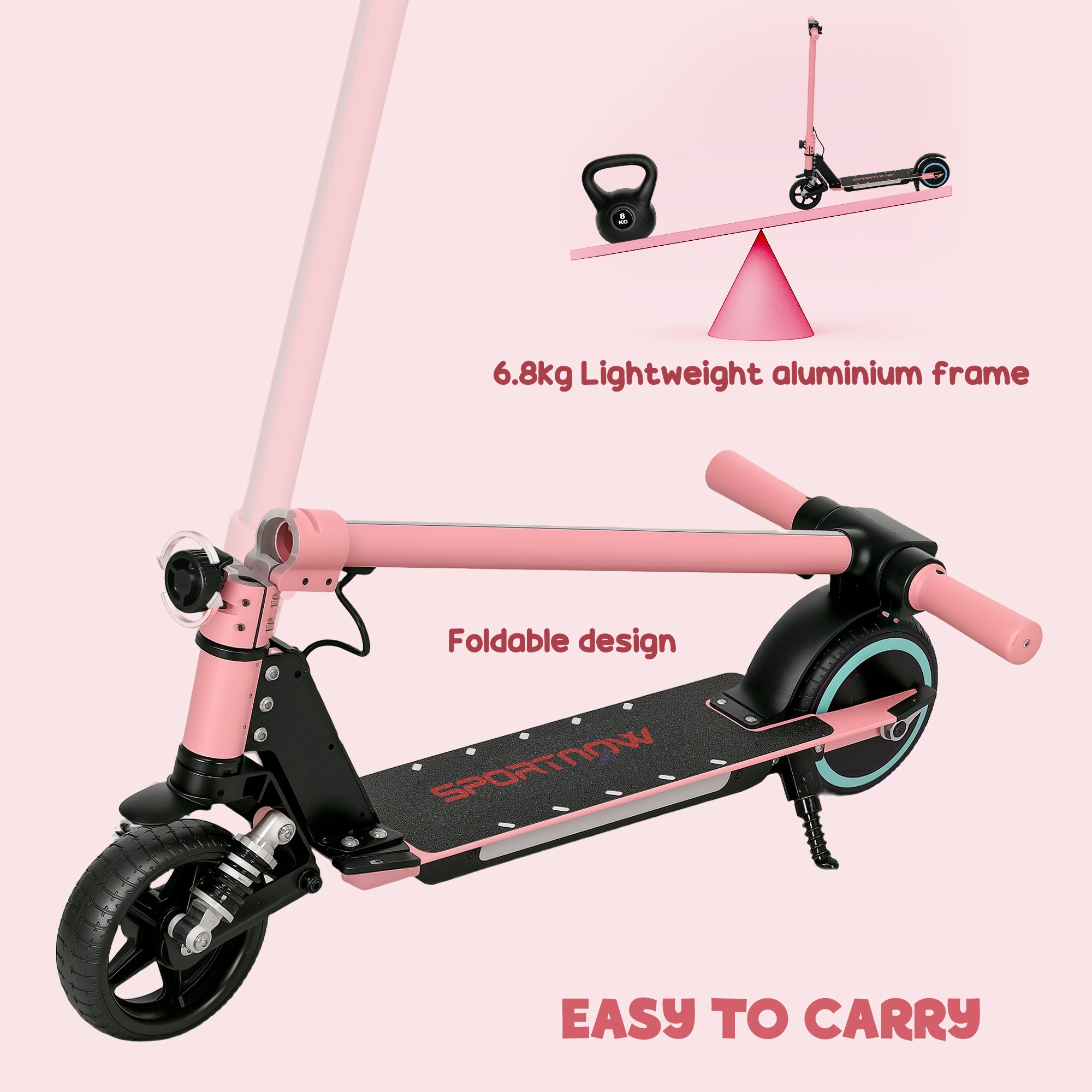 Folding Electric Scooter for Kids 6-14 with Dual Brakes, Suspension, LED Lights & Display, 6.8kg Aluminium, 14 KM/H - Pink