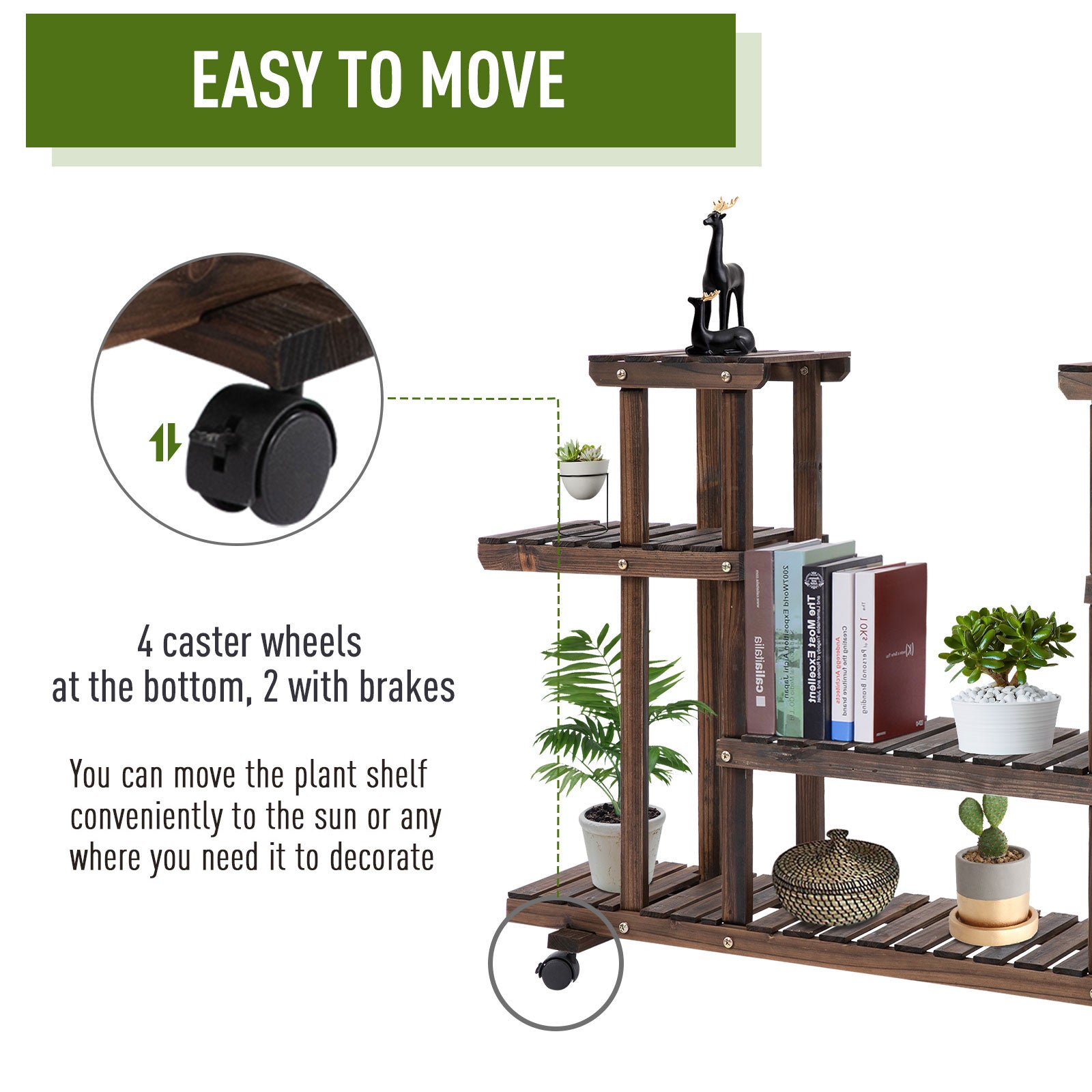 4-Tier Plant Stand with Wheels and Brakes, Floor-standing Wooden Flower Rack, for Indoor & Outdoor Garden Balcony Living Room, 124 x 33 x 80 cm