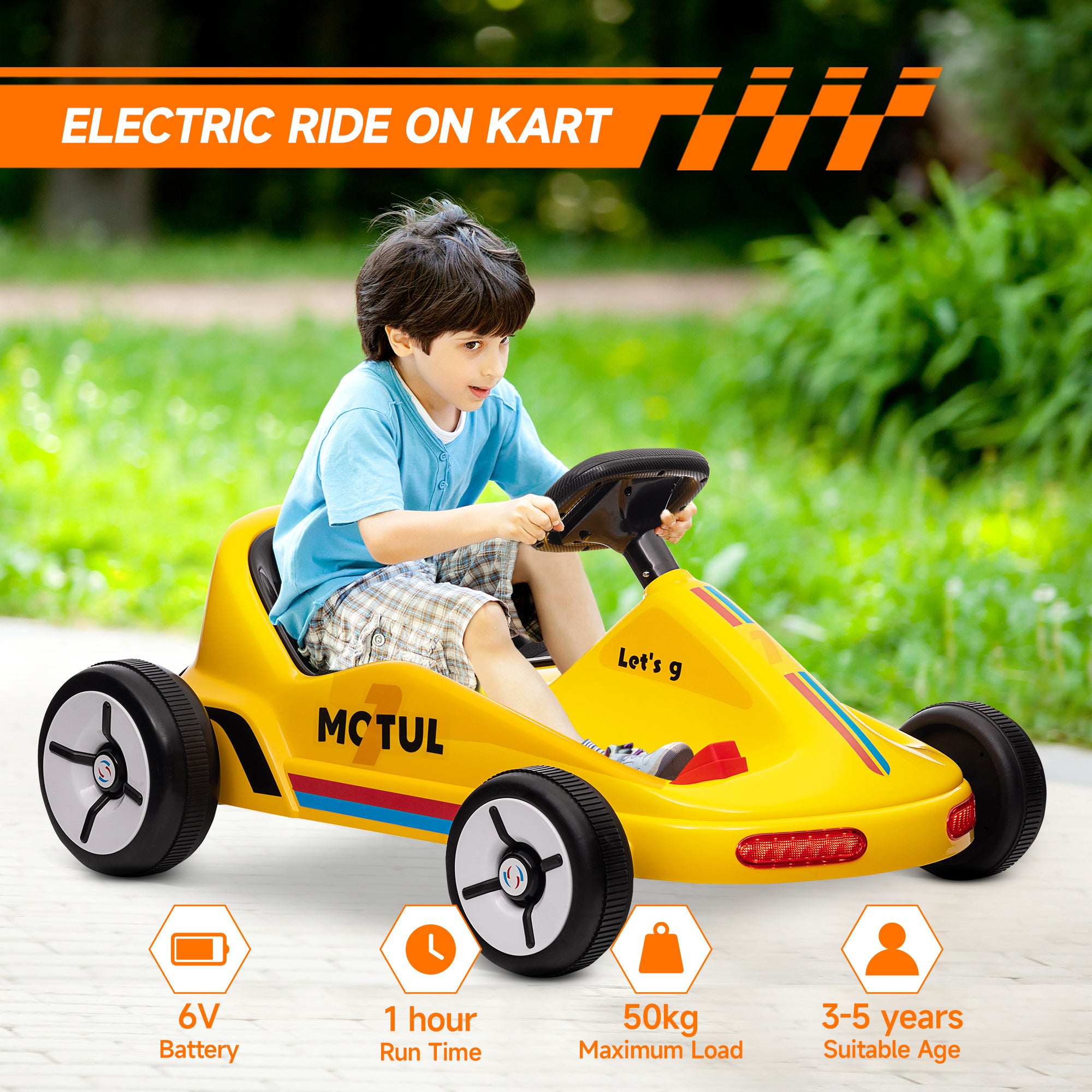 6V Electric Go Kart for Kids with Music, Light, Horn, for 3-5 Years, Yellow