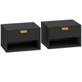 Set of 2 Wall Mounted Nightstands, Floating Bedside Tables with Fluted Drawer and Open Shelf for Small Bedroom, Black
