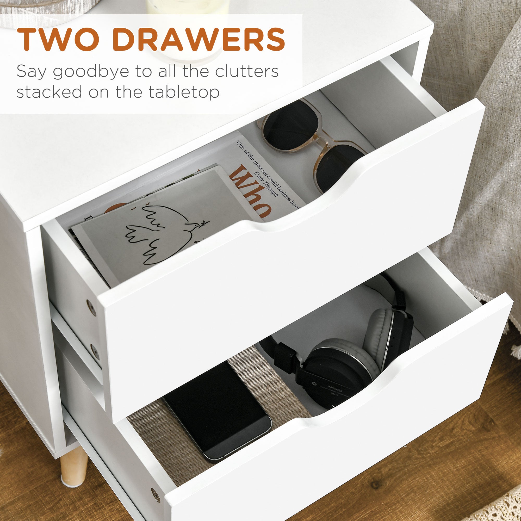 Bedside Table with 2 Drawers and Pine Wood Legs for Bedroom & Living Room - White