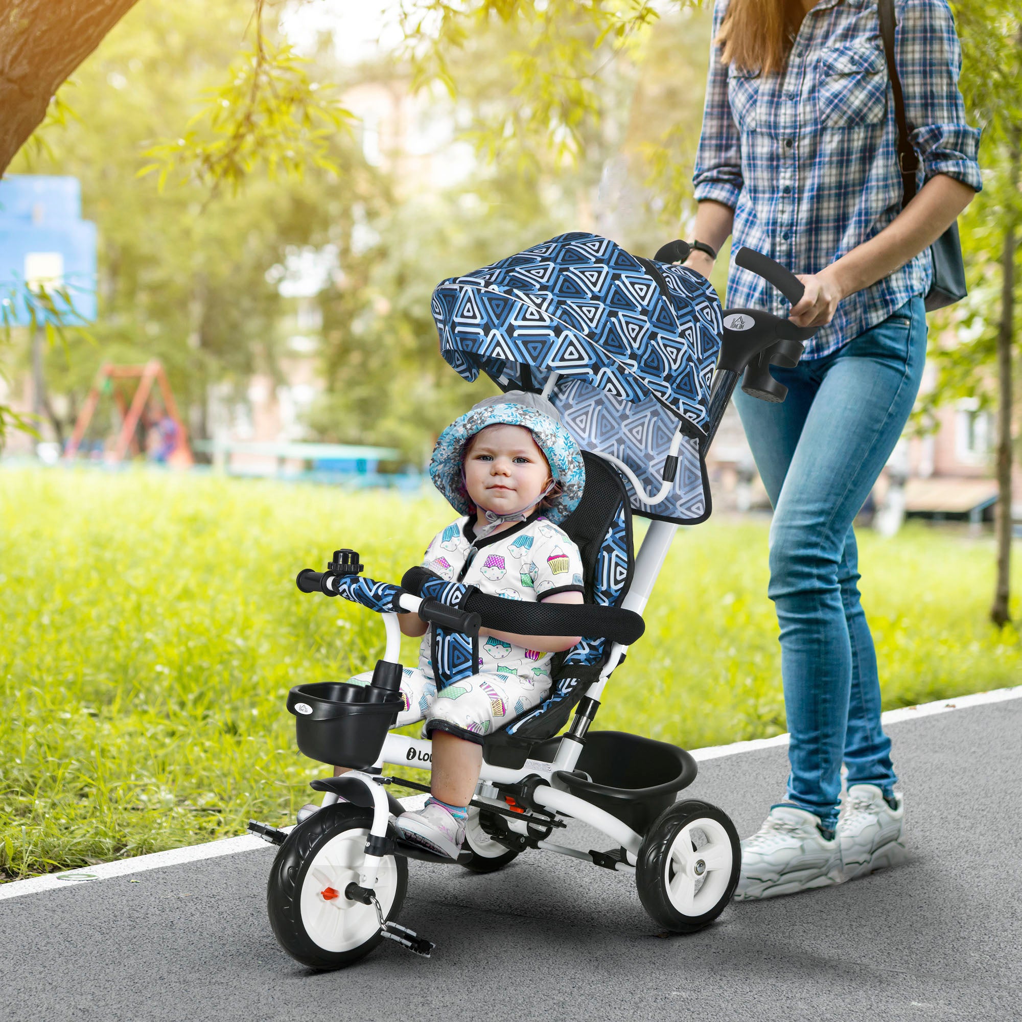 Metal Frame 6 in 1 Baby Push Tricycle with Parent Handle for 1-5 Years Old, Light Blue