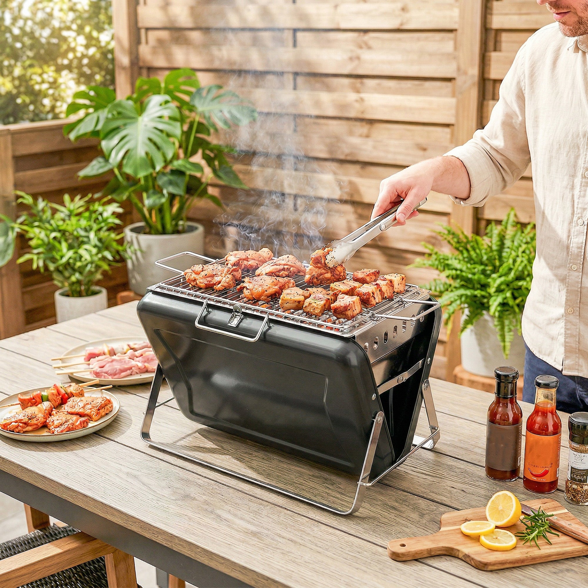 Charcoal BBQ Grill Portable Stainless Steel Barbecue with Tilting Grate for Camping Picnic Garden Black