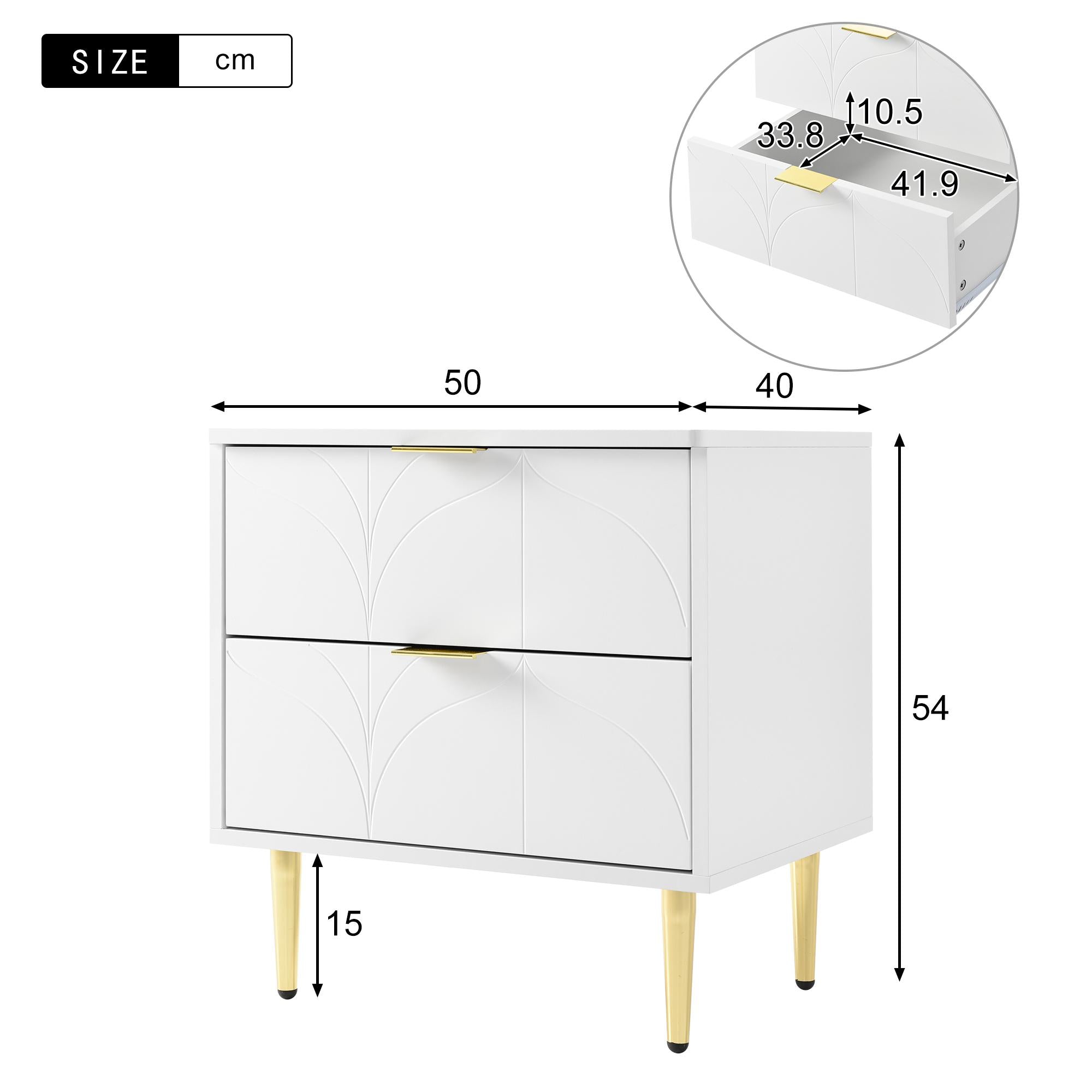Set of 2 Modern Bedside Tables with 2 Drawers, Floral Pattern and Gold-Plated Accents, Anti-Bump Design, 50L x 40W x 54H cm, White