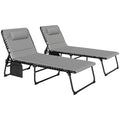 Set of 2 Folding Recliner Sun Loungers with Quick-Dry Pad & Side Pocket - Light Grey