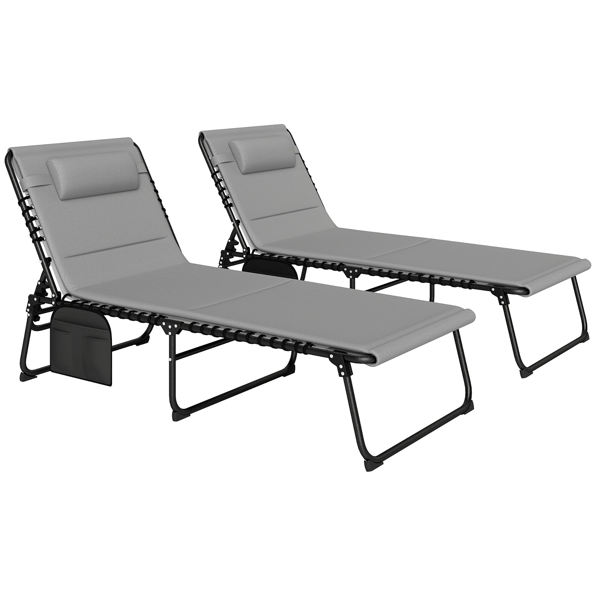 Set of 2 Folding Recliner Sun Loungers with Quick-Dry Pad & Side Pocket - Light Grey