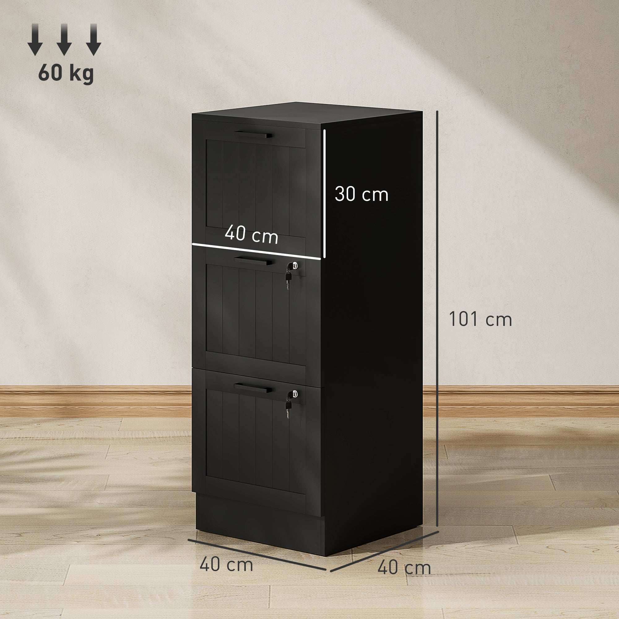 3 Drawer Filing Cabinet with Lock, Office Storage Cabinet with Adjustable Hanging Bars for A4 Letter Size Files, Black