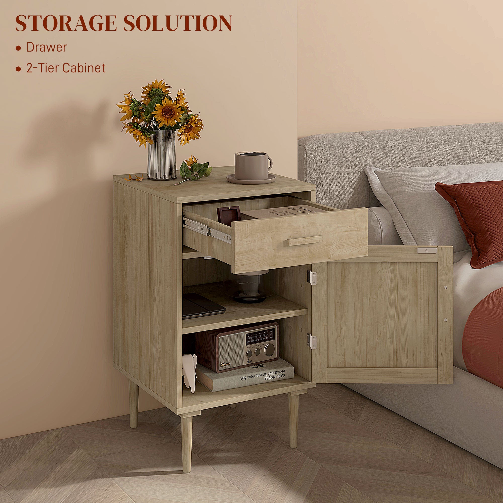 Bedside Tables Set of 2, Rattan Side Tables with Drawer, Cabinet and Adjustable Shelf, Boho Bedside Cabinets with Storage for Bedroom, Living Room, Natural Wood Finish
