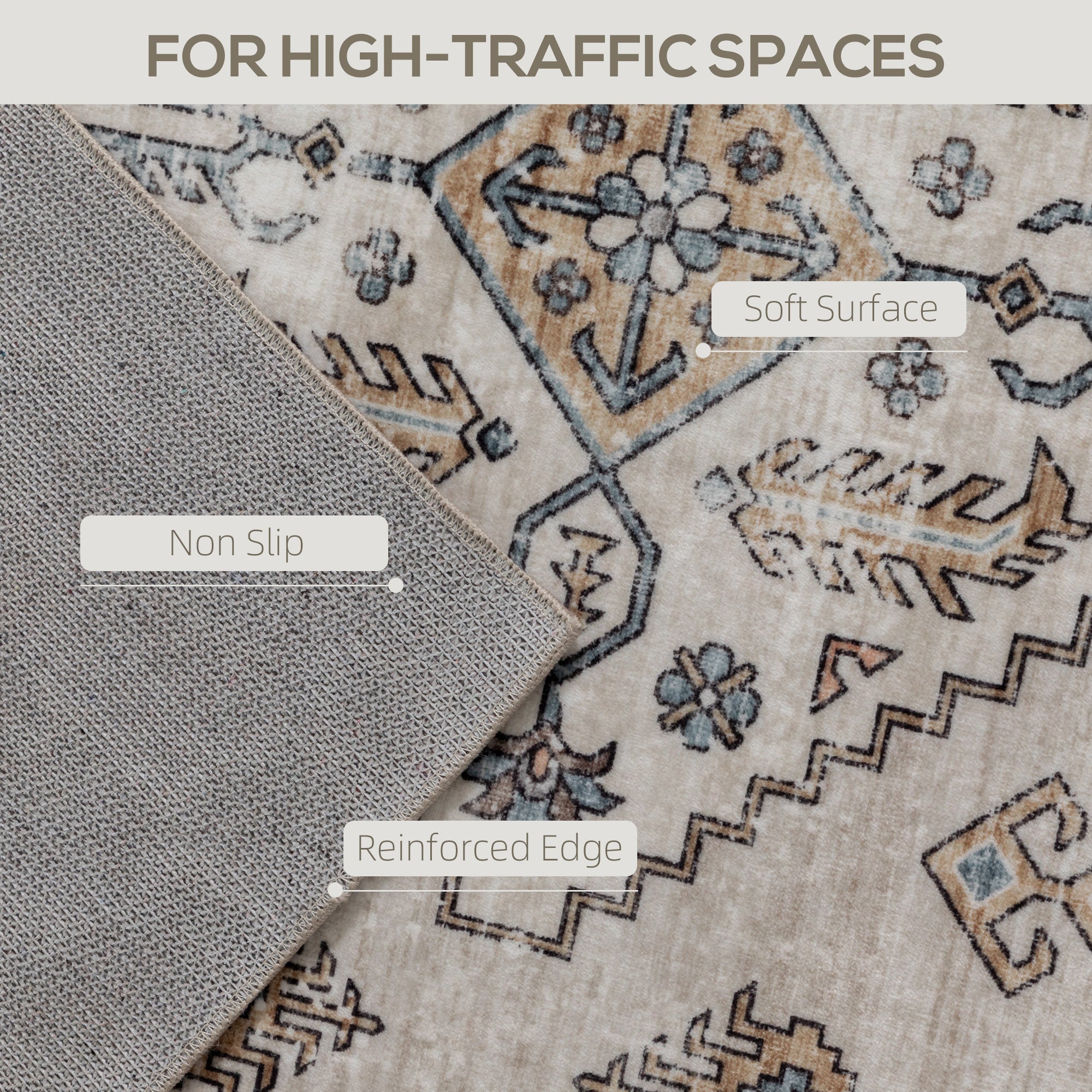 Vintage Area Rug, Non-Slip Washable Rug, Flannel Floor Carpet for Living Room, Bedroom, Dining Room, Home Office, 170 x 120 cm, Beige