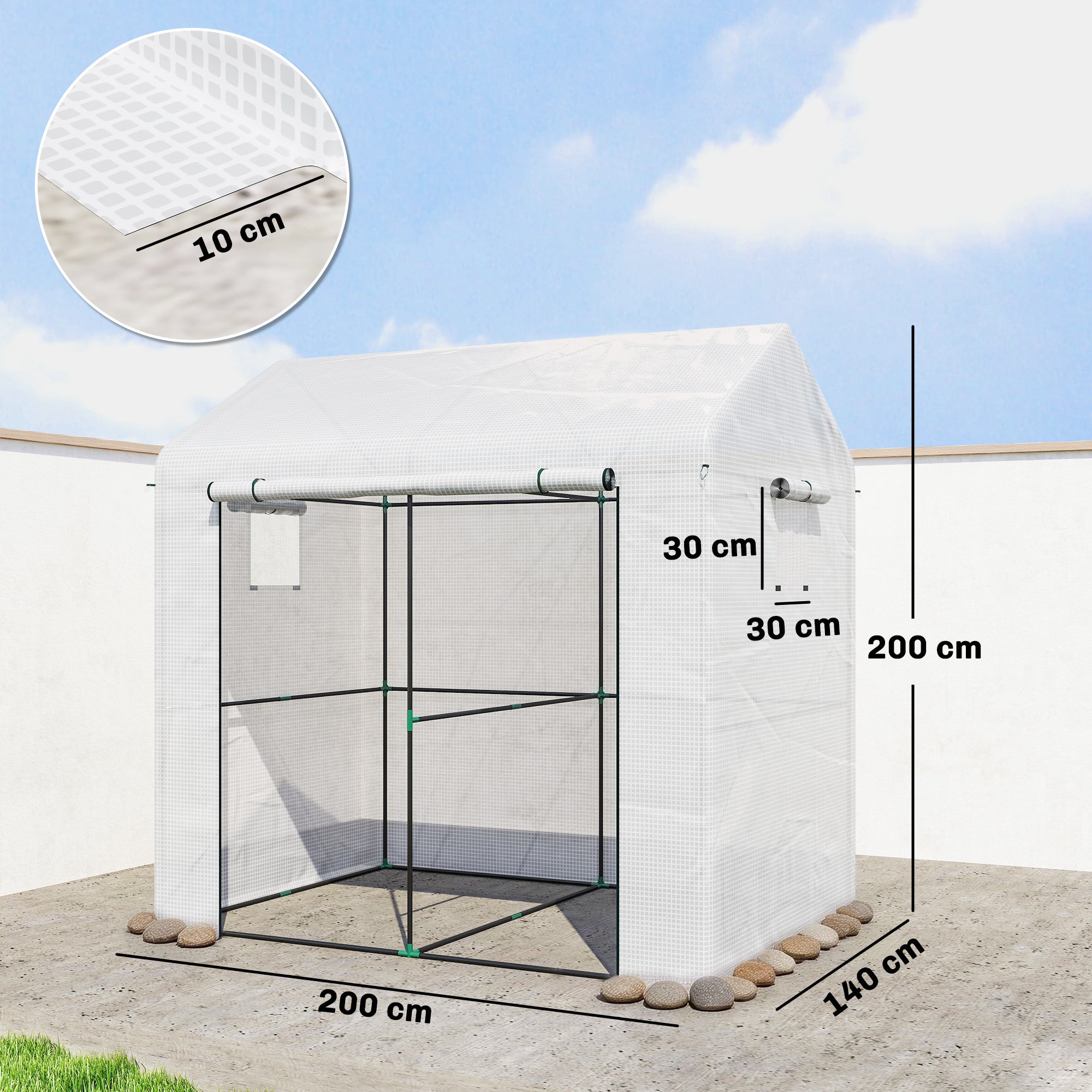 Walk-in Greenhouse, Outdoor Tomato Greenhouse with Roll-up Door and Mesh Windows, PE Cover, 200 x 140 x 200cm, White