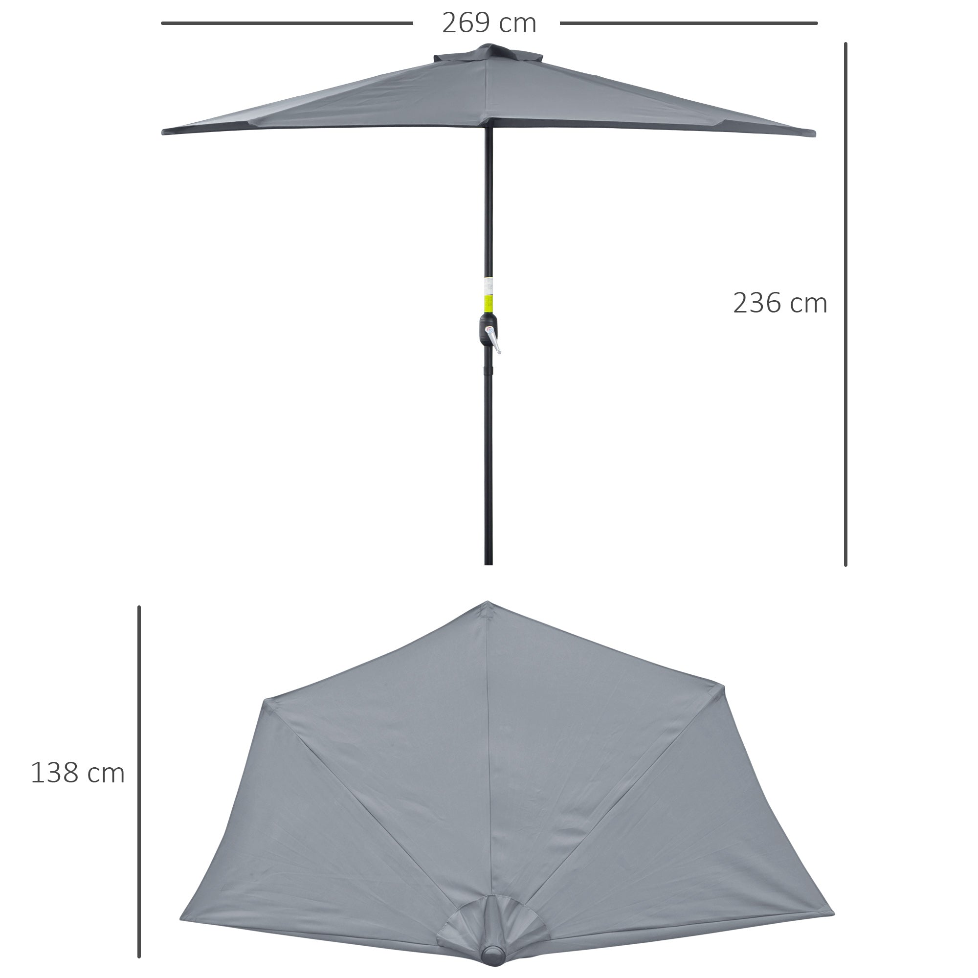 2.7m Garden Half Parasol, Outdoor Balcony Umbrella with 5 Steel Ribs, Patio Sun Shade, Grey