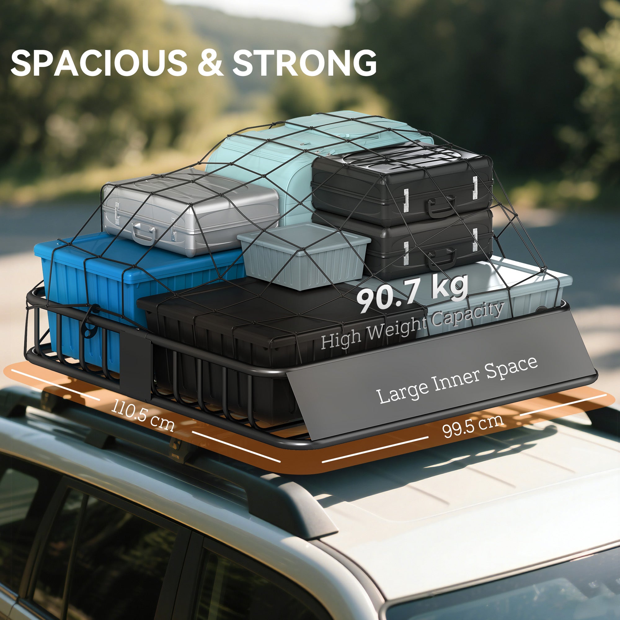 Universal Roof Rack Basket Tray, 90.7 kg Steel Car Rooftop Luggage Cargo Carrier Holder with Wind Fairing, Side Rails for SUVs, Pickups, Sedans, Off-Road Vehicles, 110.5 x 99.5 x 18.5 cm, Black