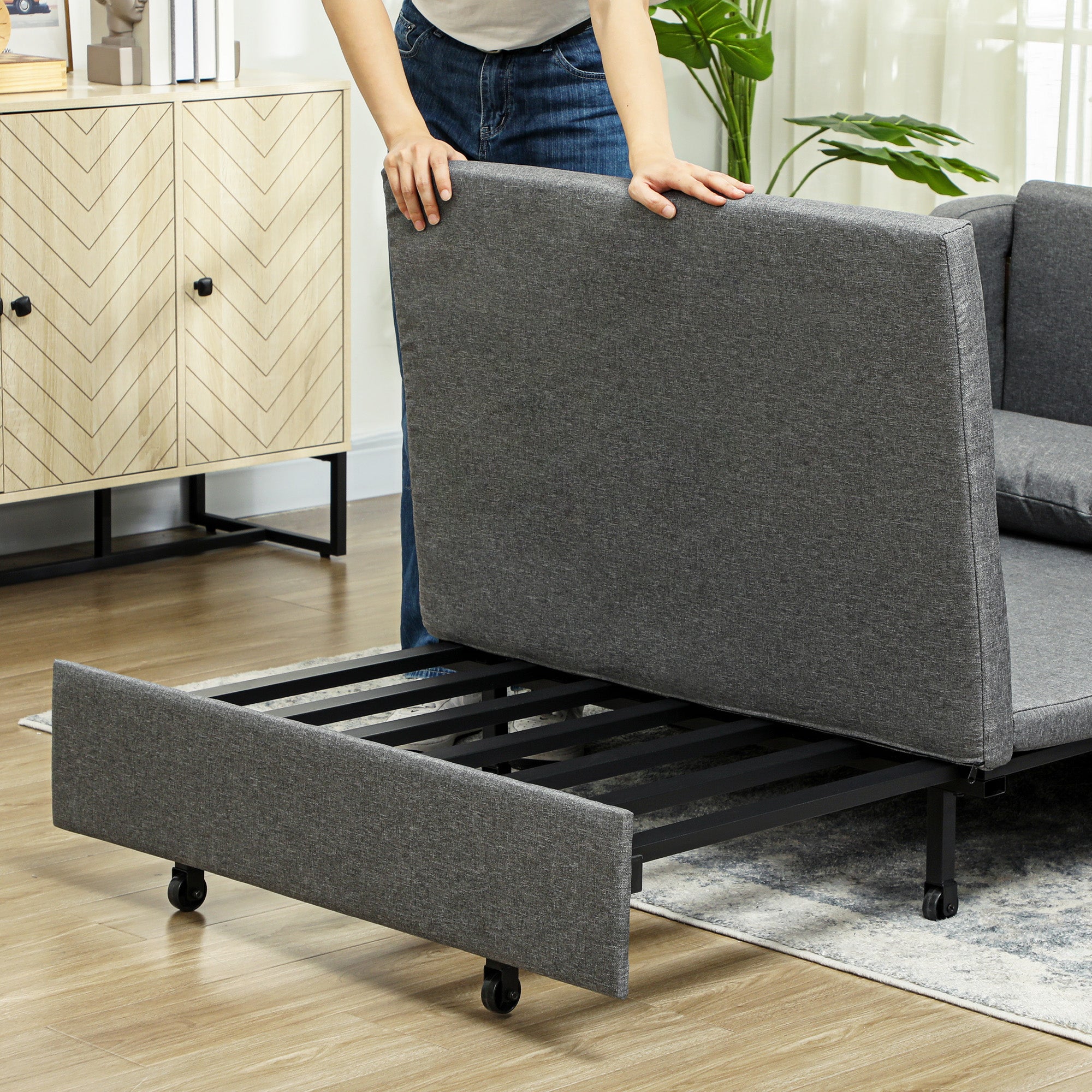 Two-Seater Pull-Out Sofa Bed with Pillows and Storage Pockets - Grey