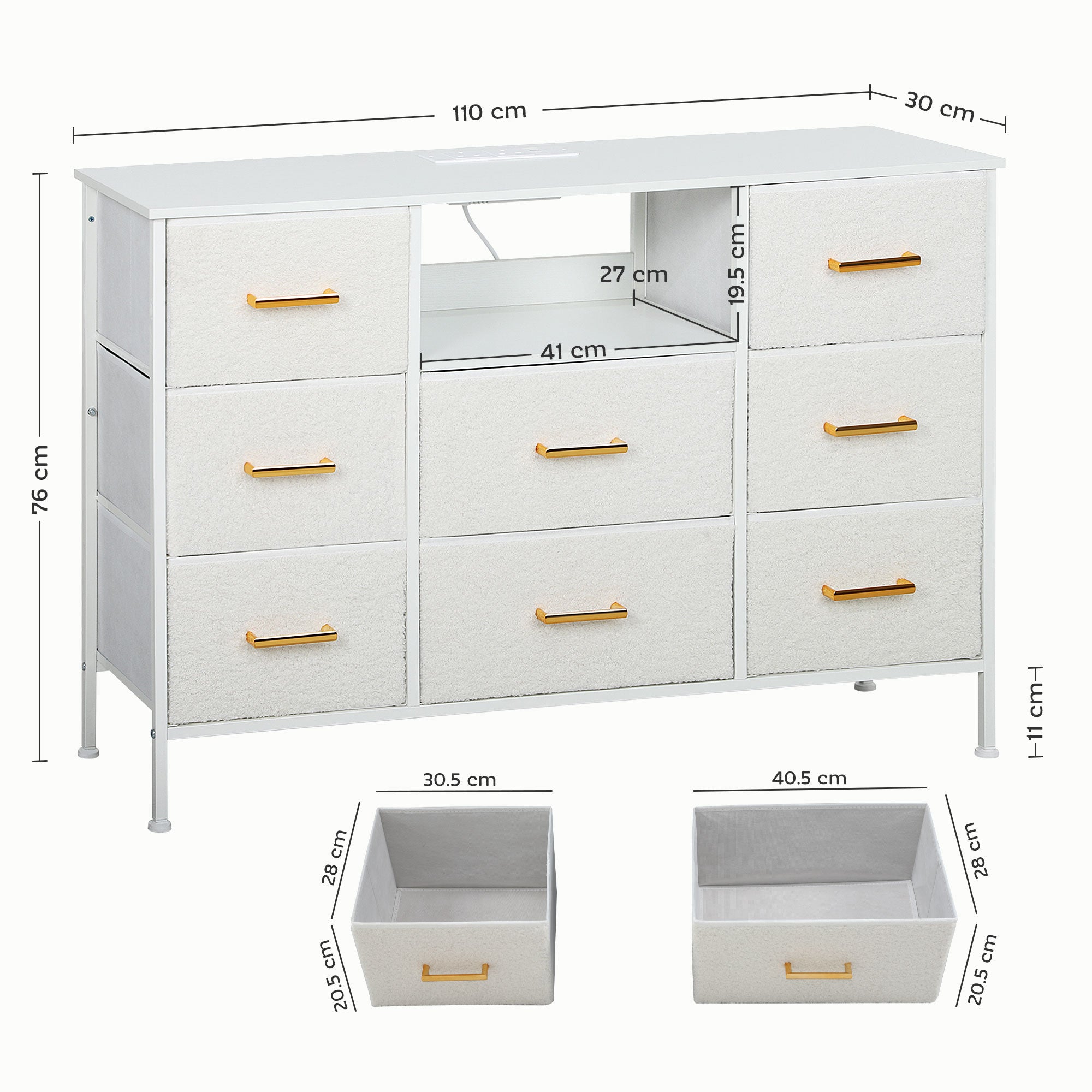 Boucle Chest of Drawers 8 Fabric Drawers with Charging Station 2 USB 2 AC Ports - Cream White