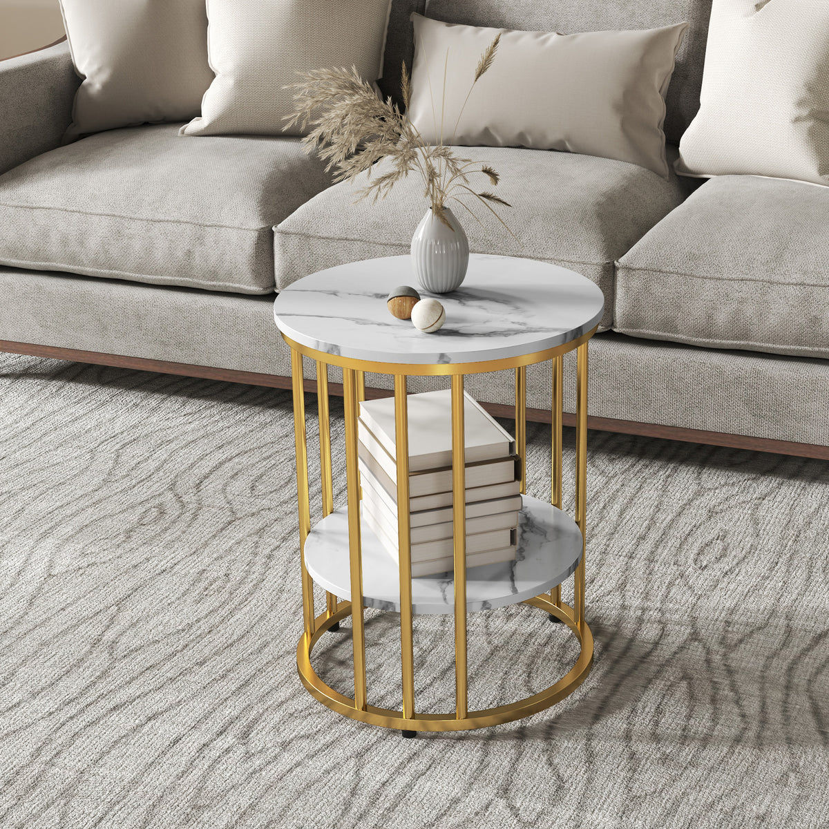 Set of Two Marble-Effect Two-Tier Coffee Tables - White/Gold-Tone