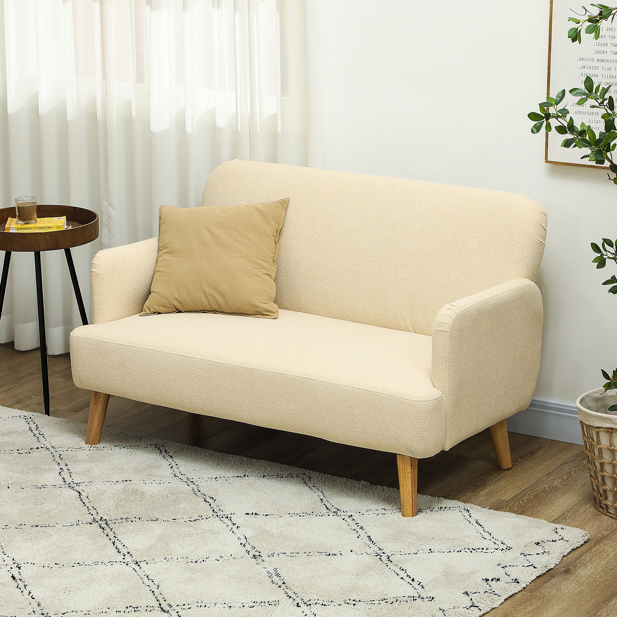 Velvet Feel Fabric 2 Seater Sofa, Small Sofa Loveseat with 21cm Thick Padding and Wood Legs, Cream White