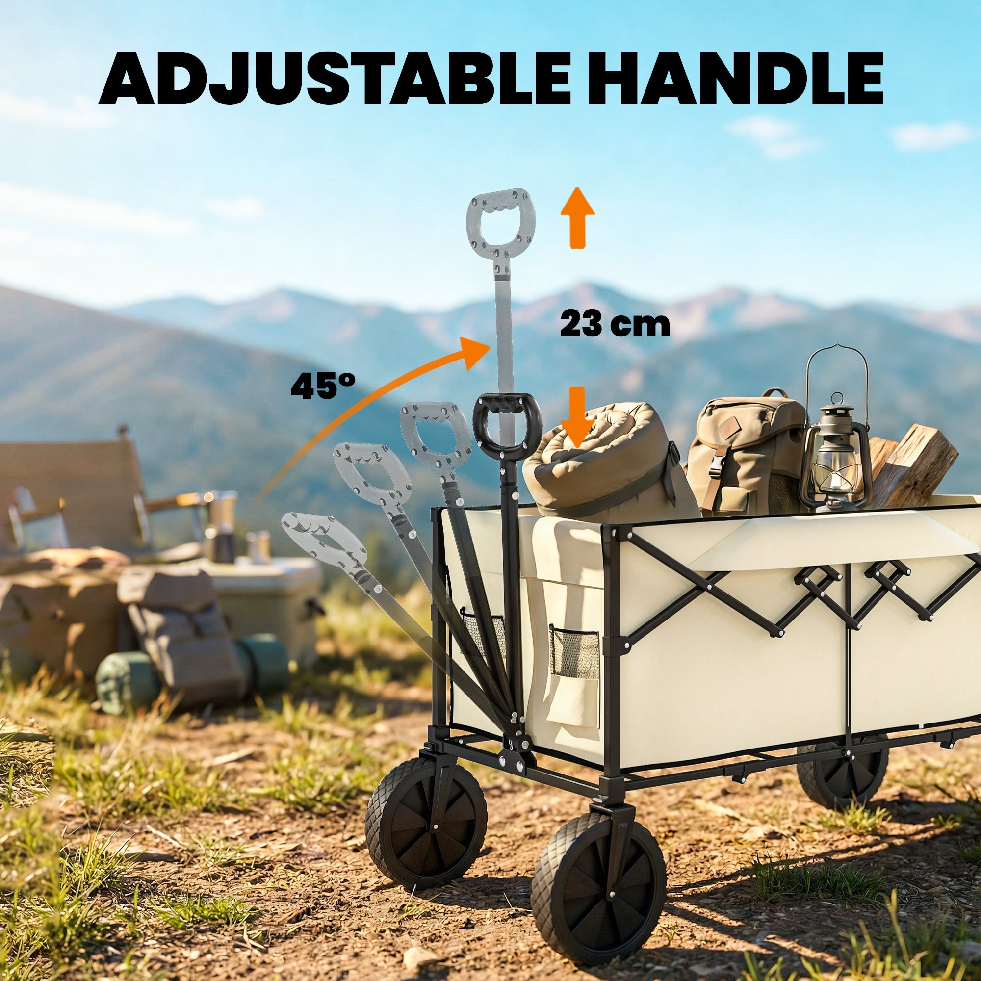 95L Foldable Festival Trolley on Wheels, Collapsible Wagon Cart with Adjustable Handle and 2 Cup Holders, Khaki