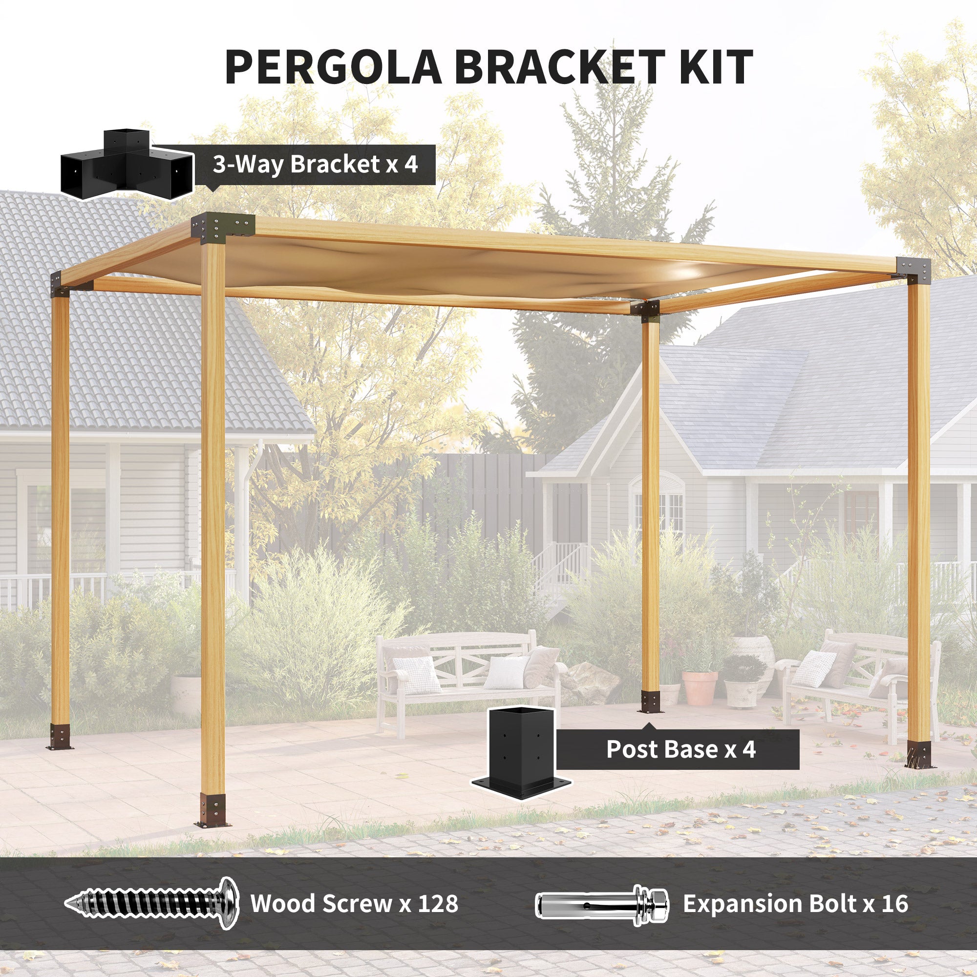 Pergola Kit, DIY Pergola Brackets with 3-Way Pergola Corner Brackets and Post Base for 4" x 4" (Actual 3.6" x 3.6") Lumber, 8 PCS Includes Screws