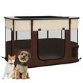 Foldable Portable Dog Pen with Storage Bag and Ground Stakes for Indoor Outdoor Use - Brown