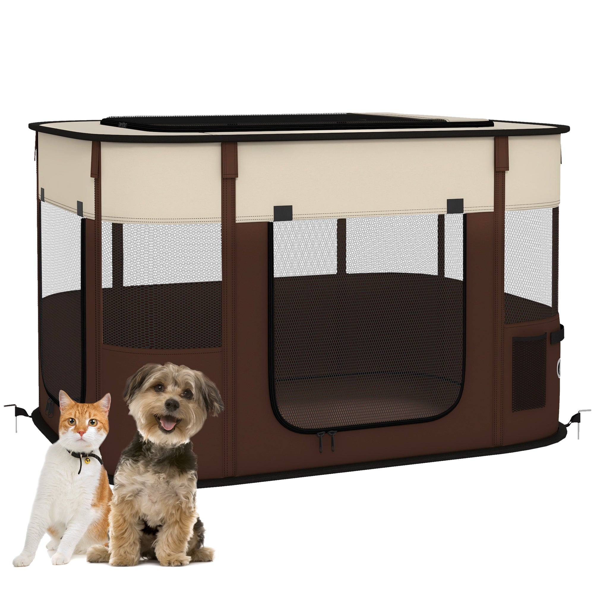 Foldable Dog Pen with Storage Bag for Indoor/Outdoor Use, Portable Pet playpen, with Ground Stakes - Brown