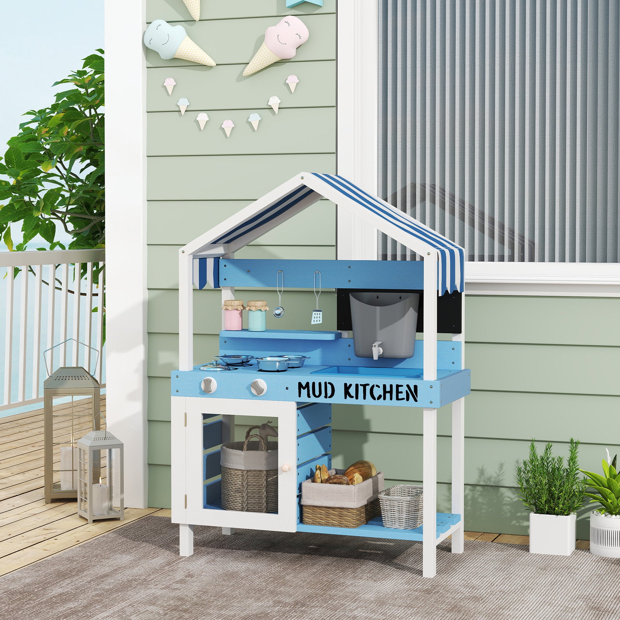 Kids Mud Kitchen Outdoor with Stoves, Sink, Faucet, Storage Shelves, Cookware Accessories for Boys Girls, Blue